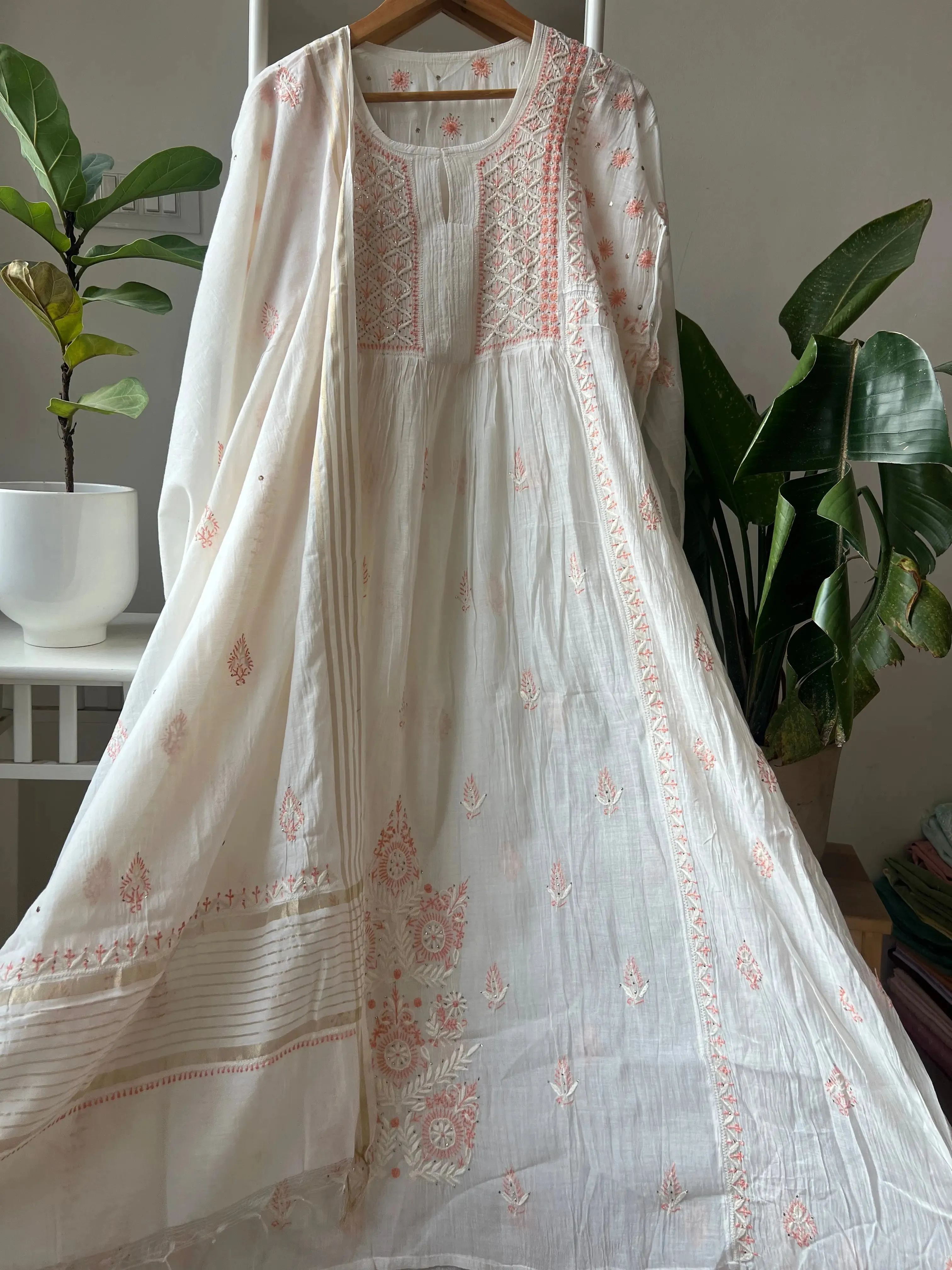 Mul Chanderi Chikankari Anarkali - Orange