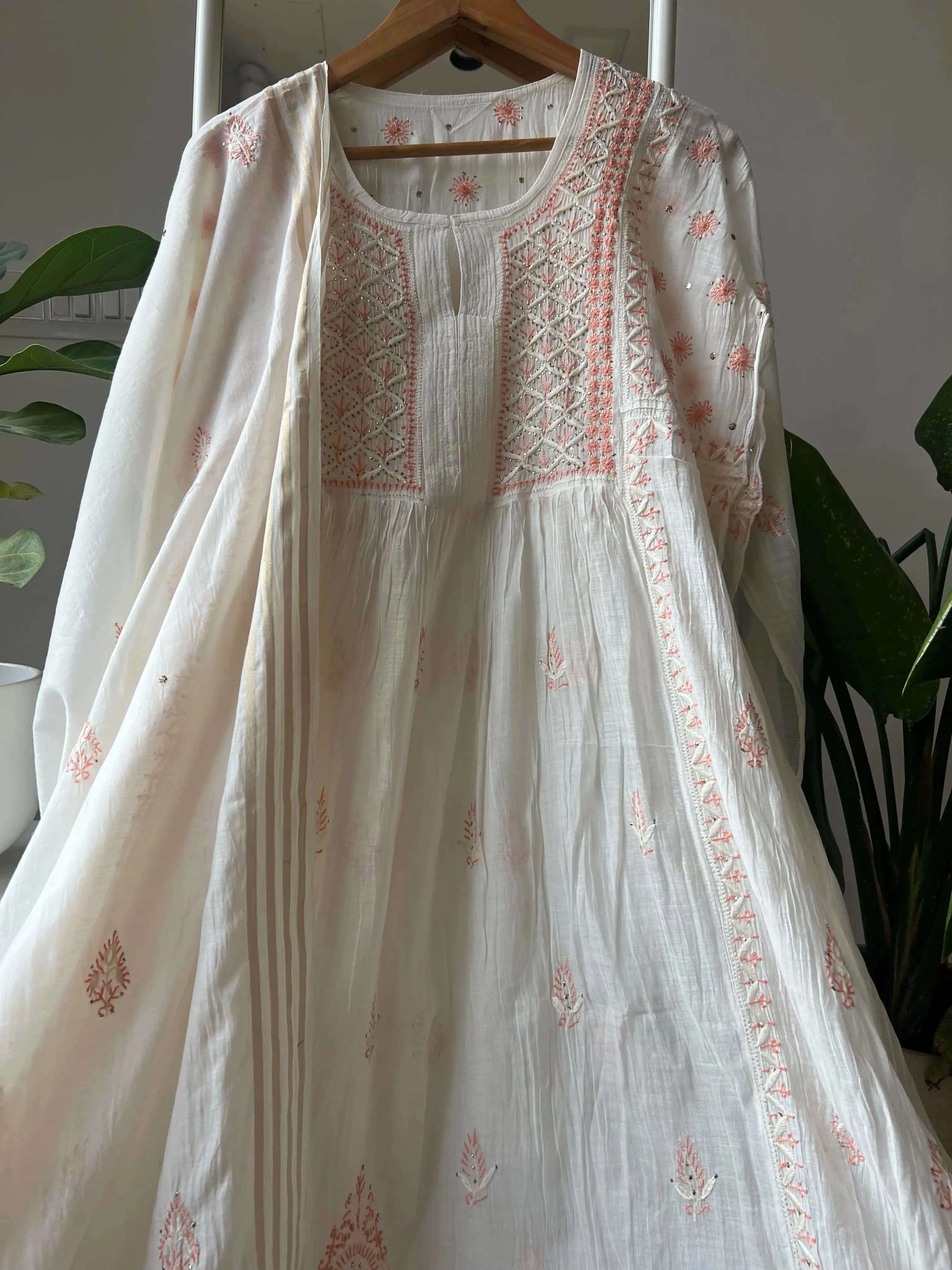 Mul Chanderi Chikankari Anarkali - Orange