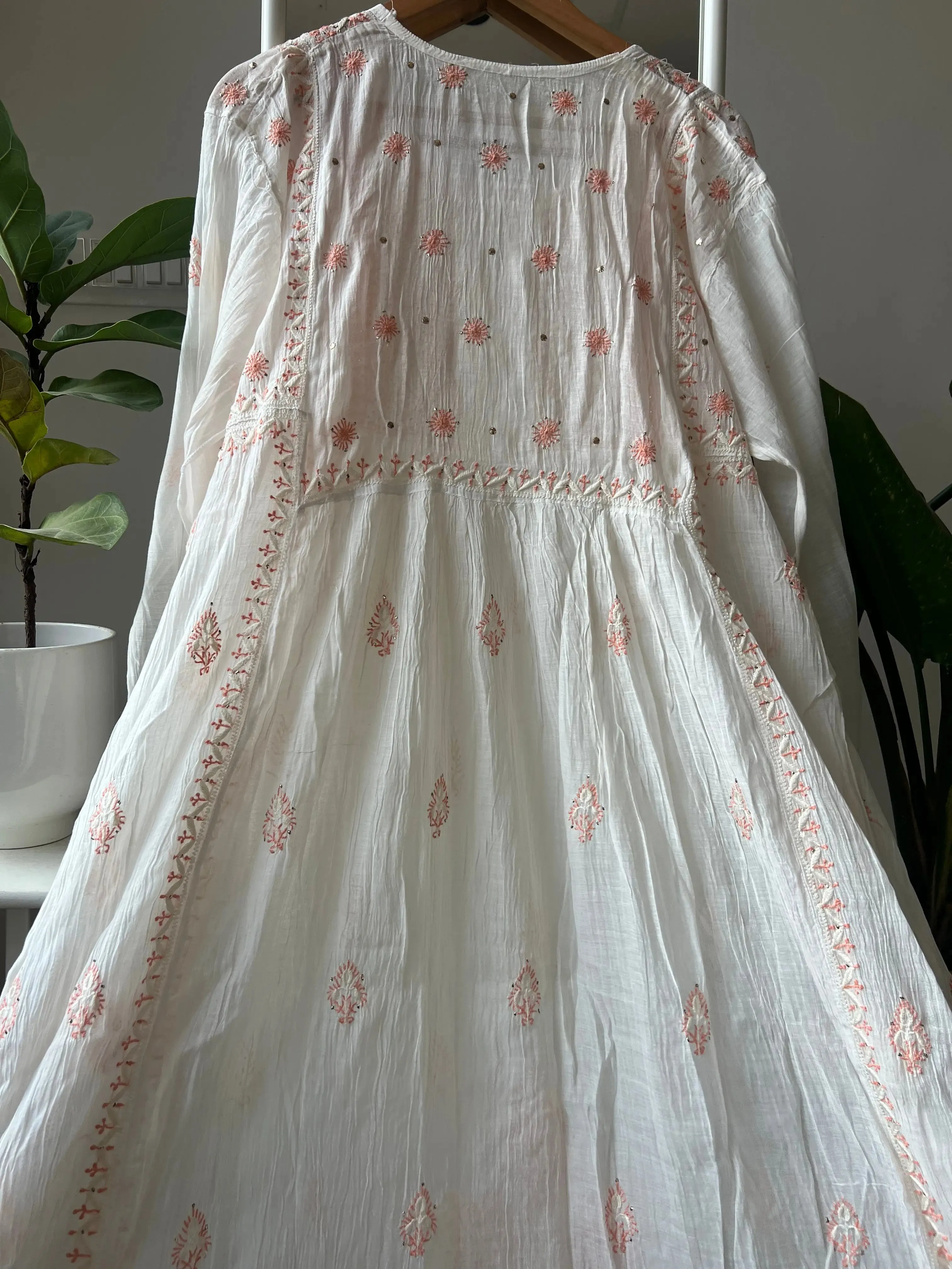Mul Chanderi Chikankari Anarkali - Orange