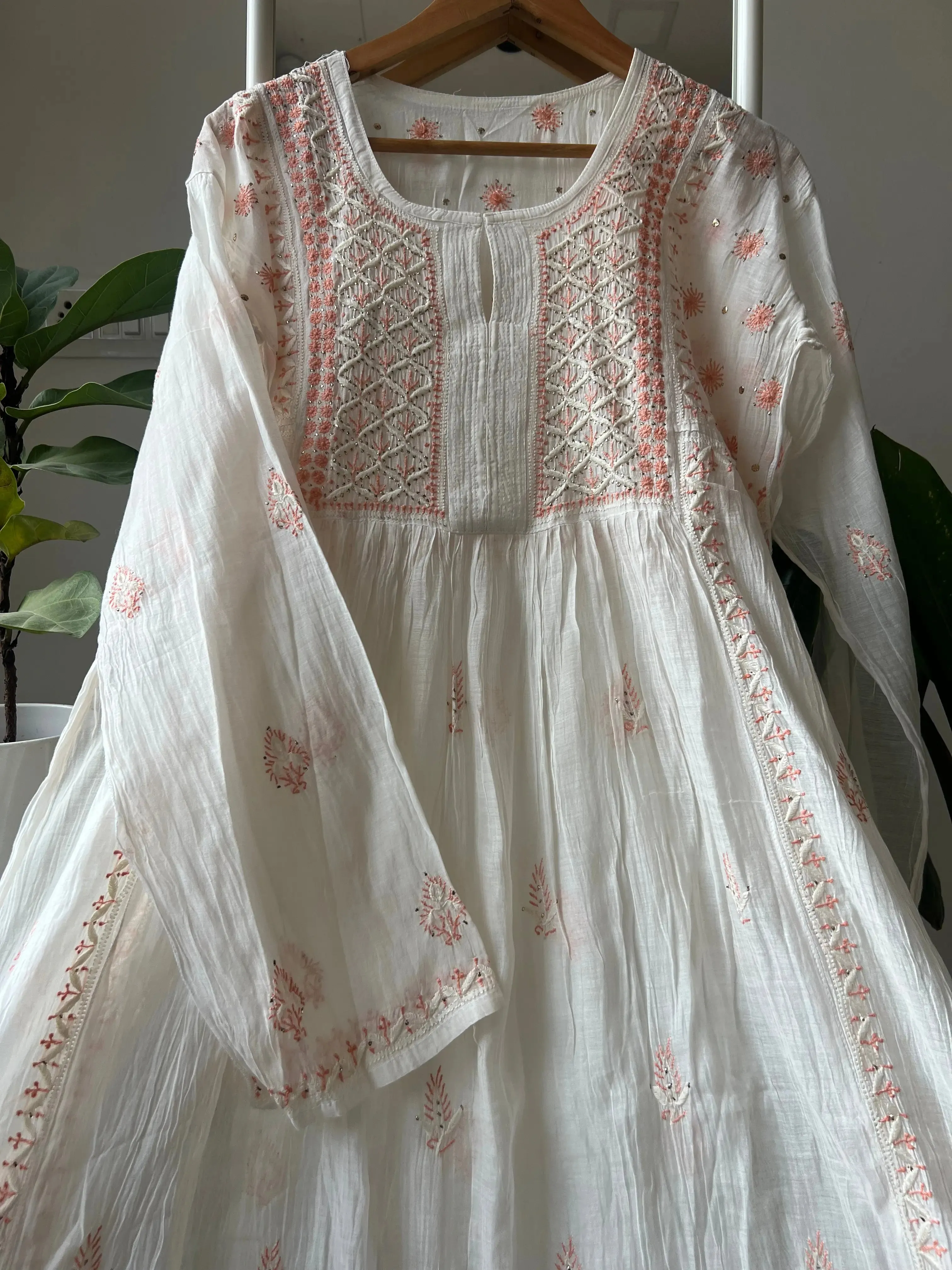 Mul Chanderi Chikankari Anarkali - Orange