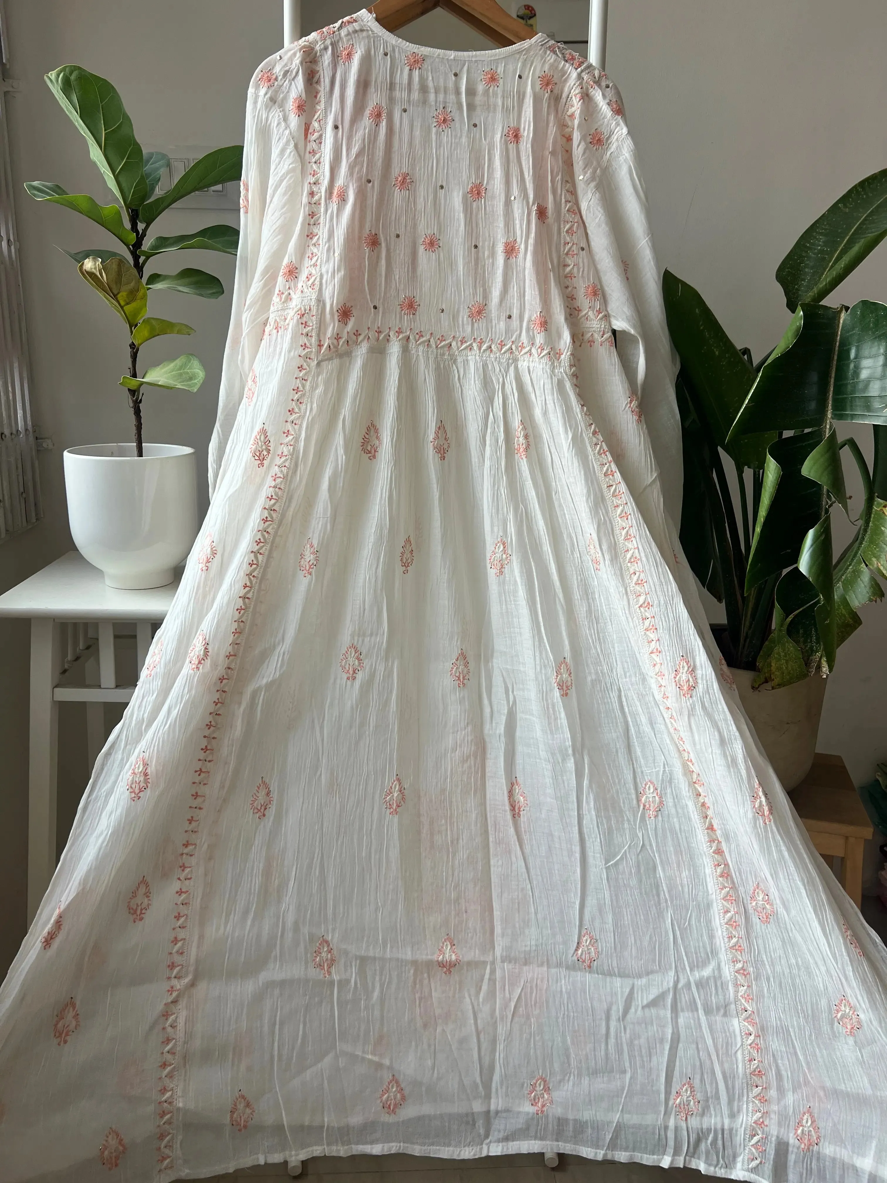 Mul Chanderi Chikankari Anarkali - Orange