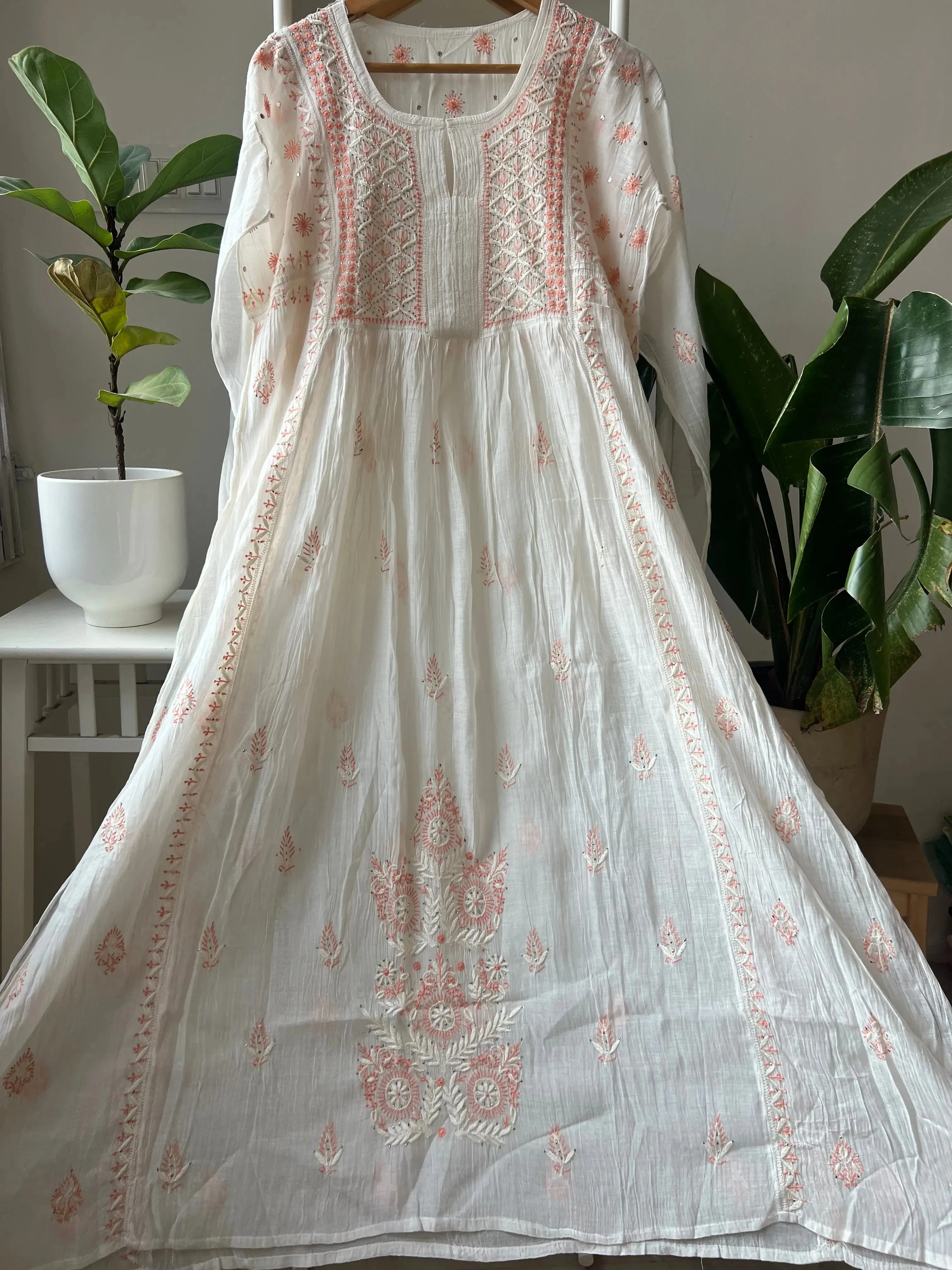 Mul Chanderi Chikankari Anarkali - Orange