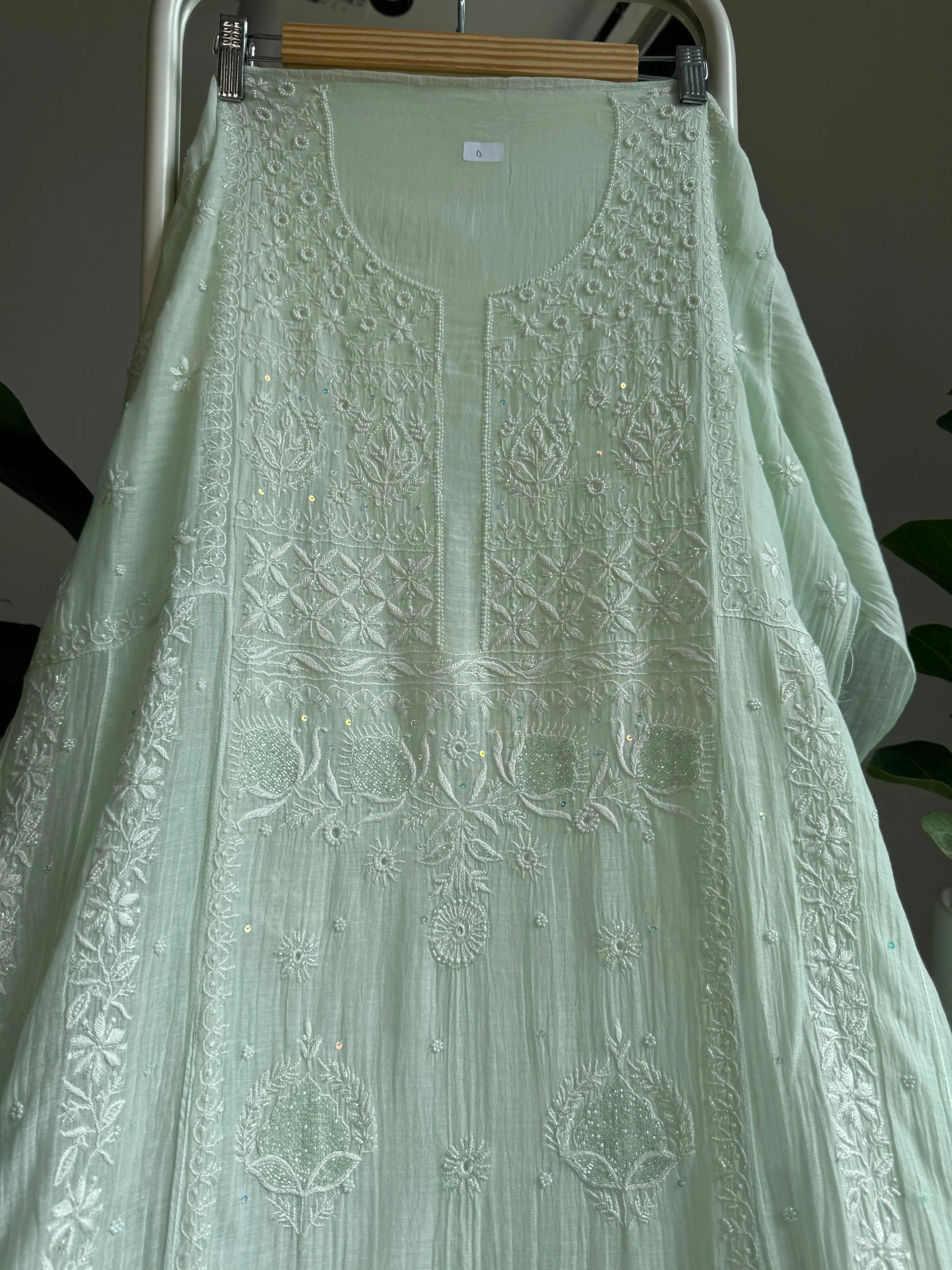 Mul Chanderi Chikankari Anarkali - Pista Green