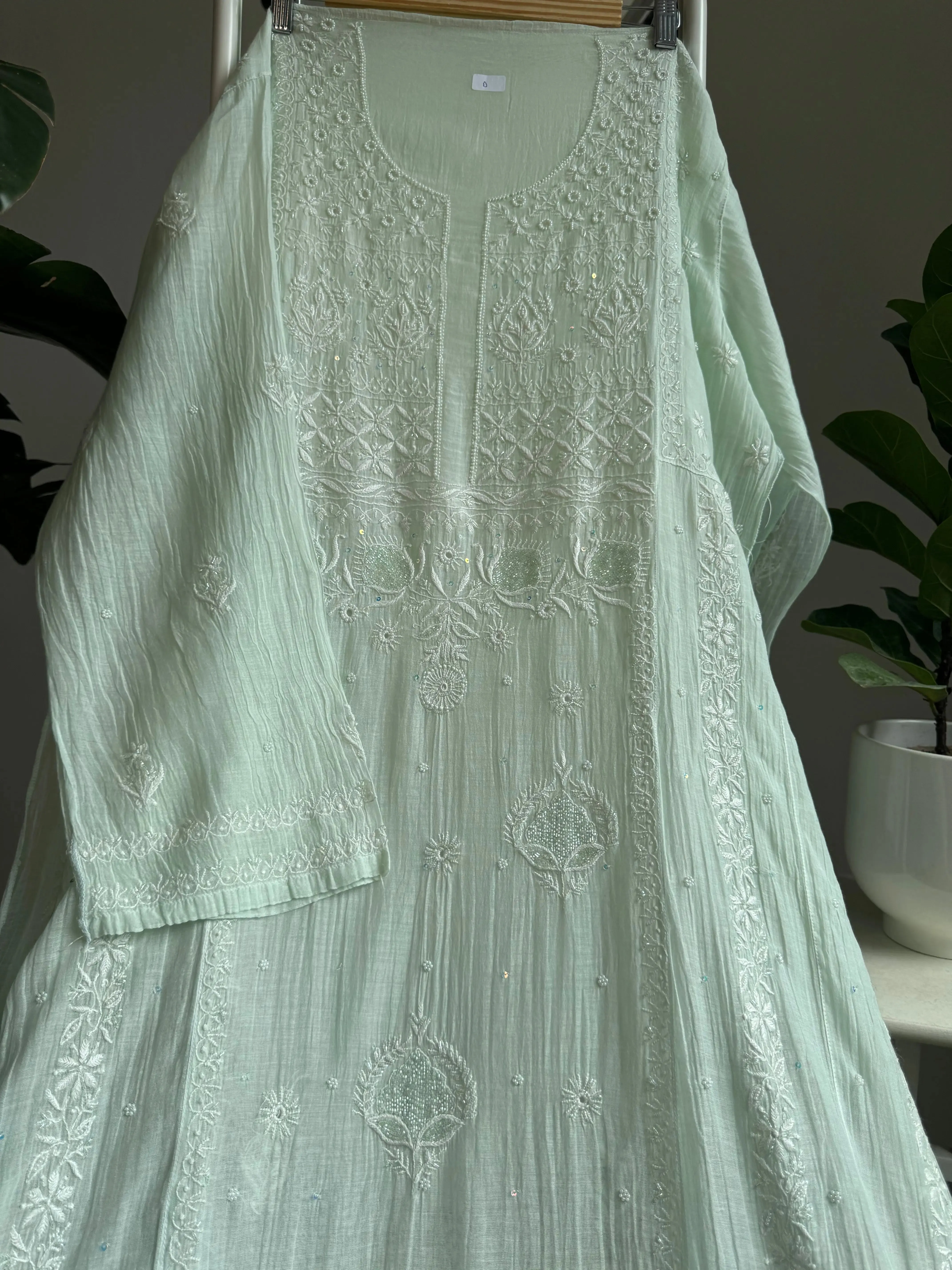 Mul Chanderi Chikankari Anarkali - Pista Green