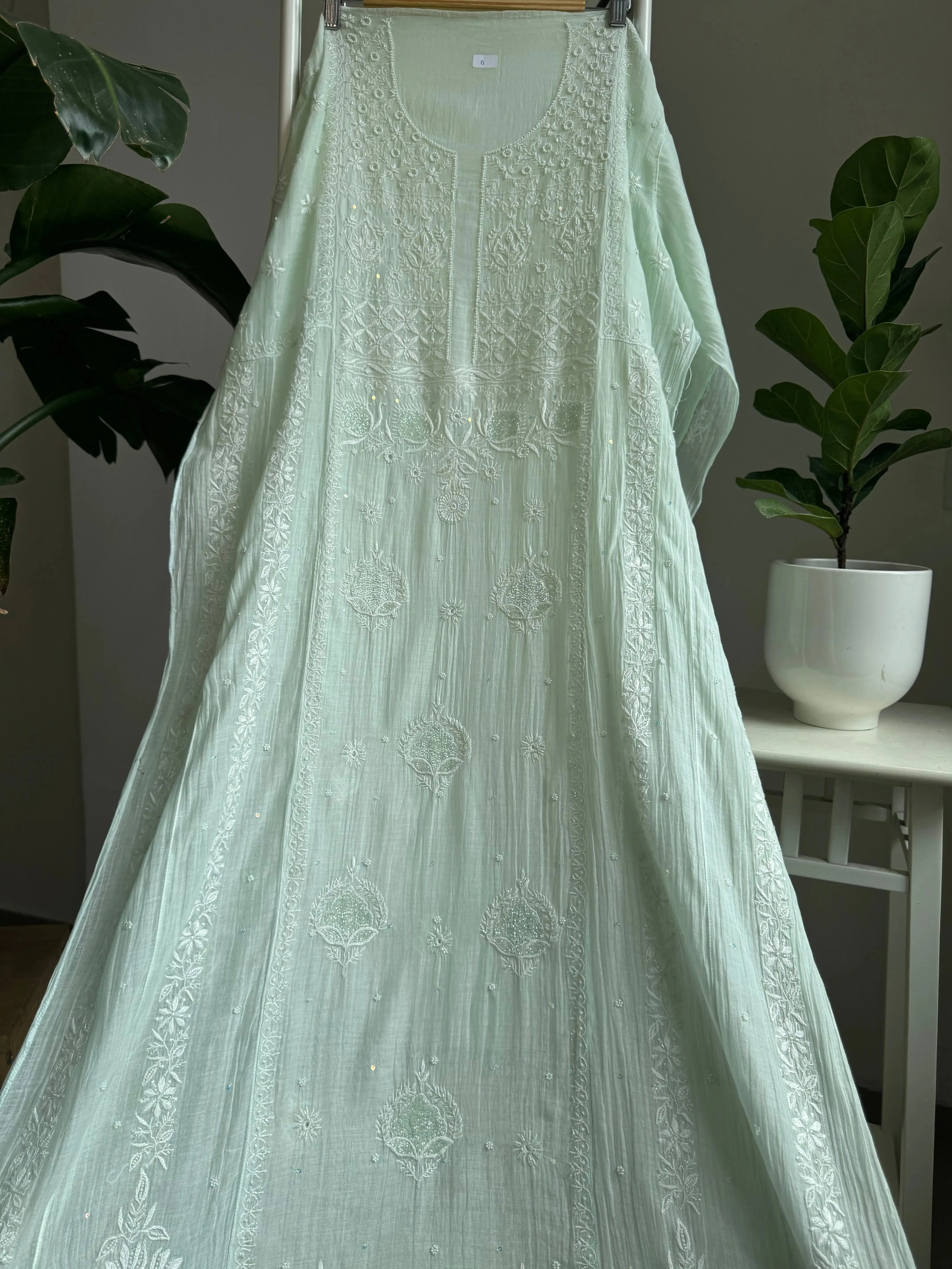 Mul Chanderi Chikankari Anarkali - Pista Green