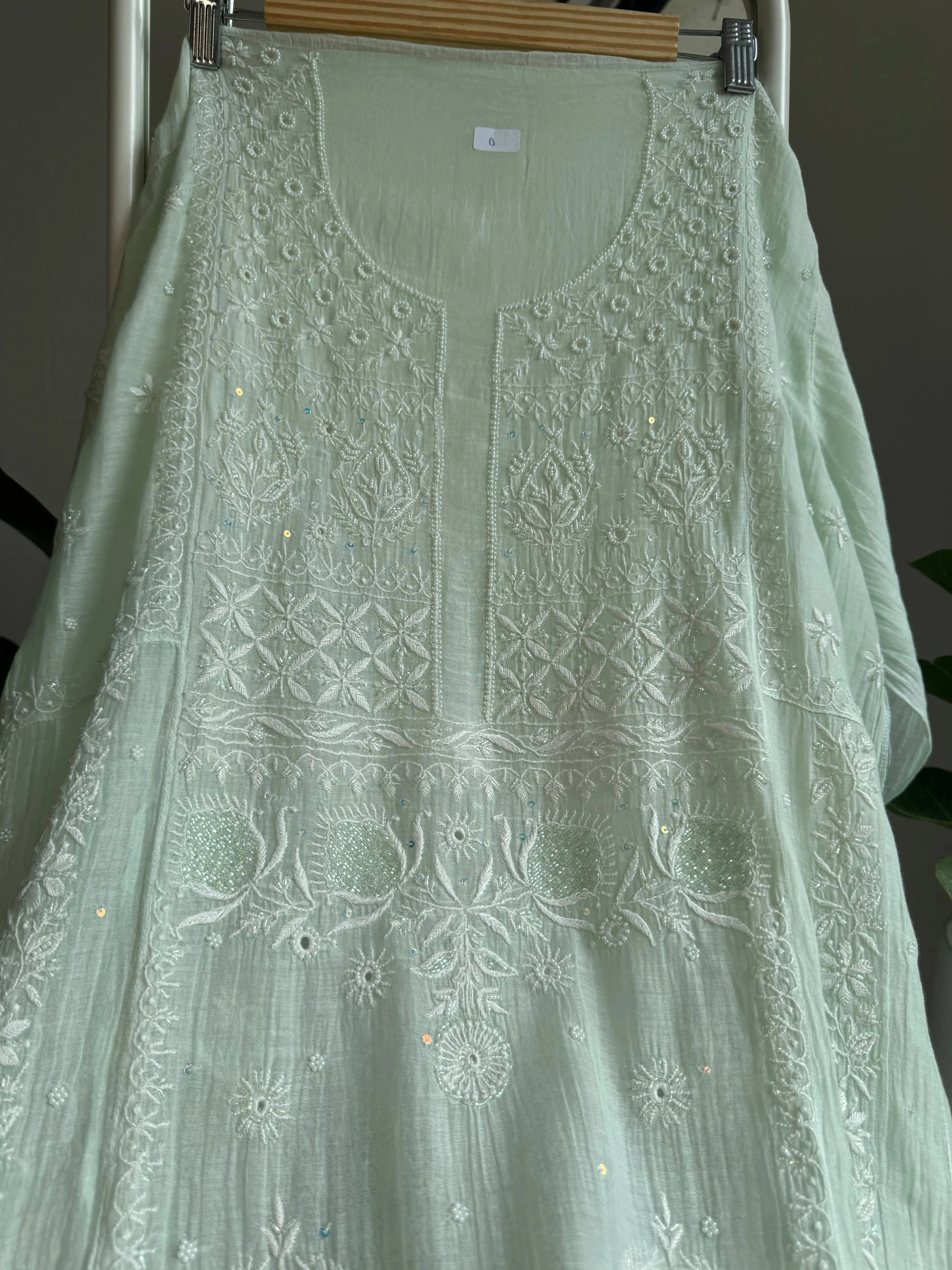 Mul Chanderi Chikankari Anarkali - Pista Green