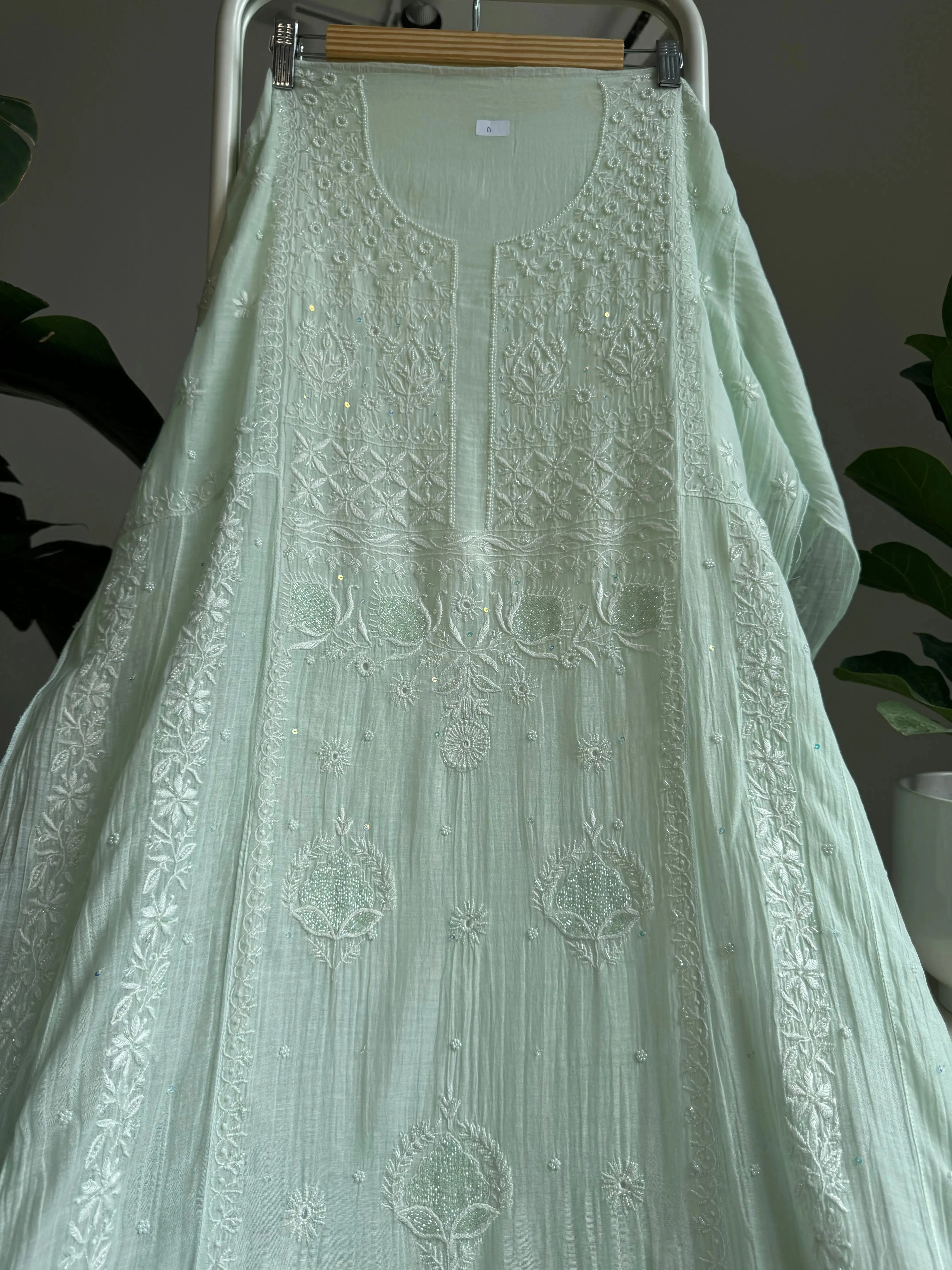 Mul Chanderi Chikankari Anarkali - Pista Green