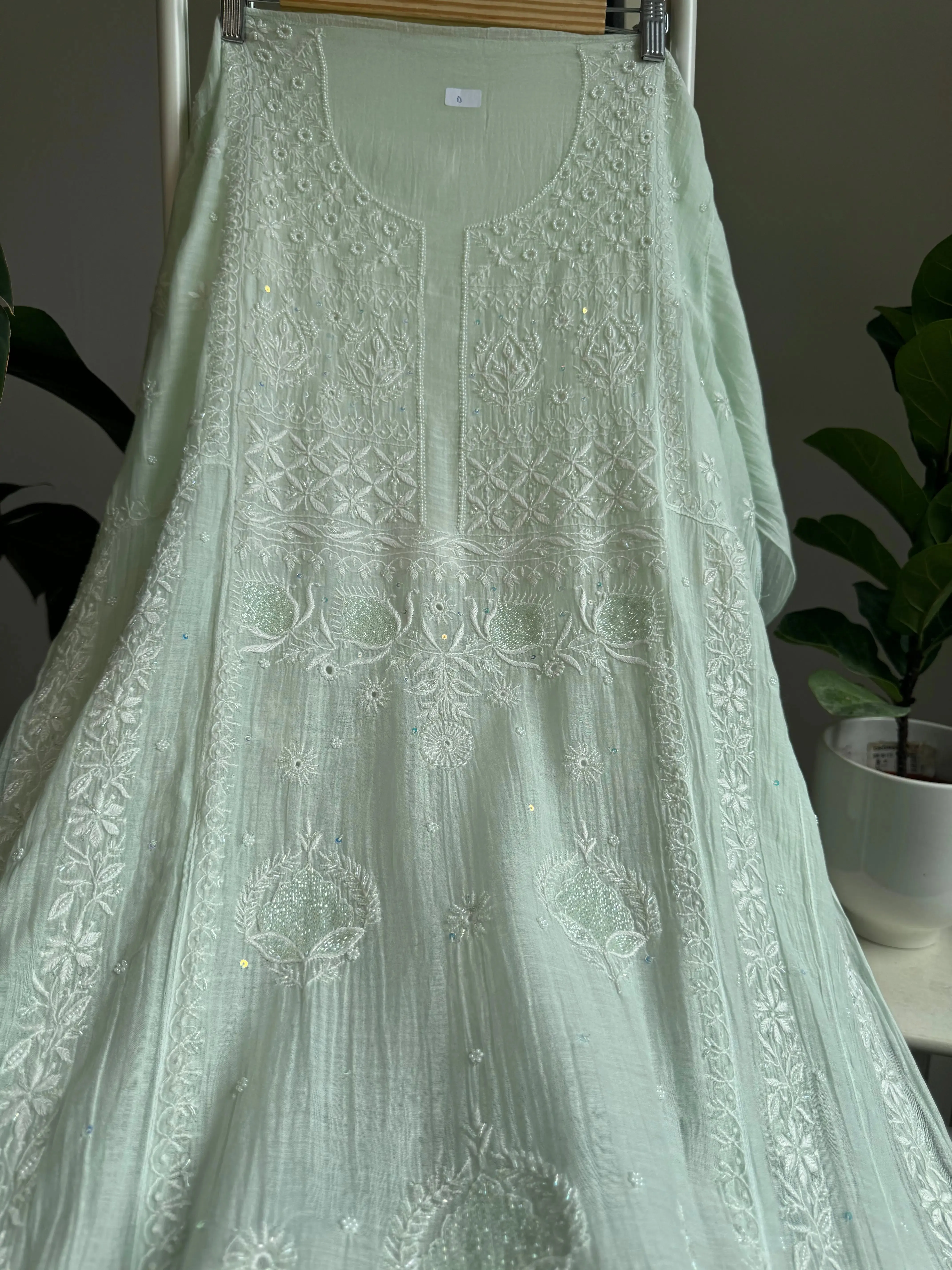 Mul Chanderi Chikankari Anarkali - Pista Green