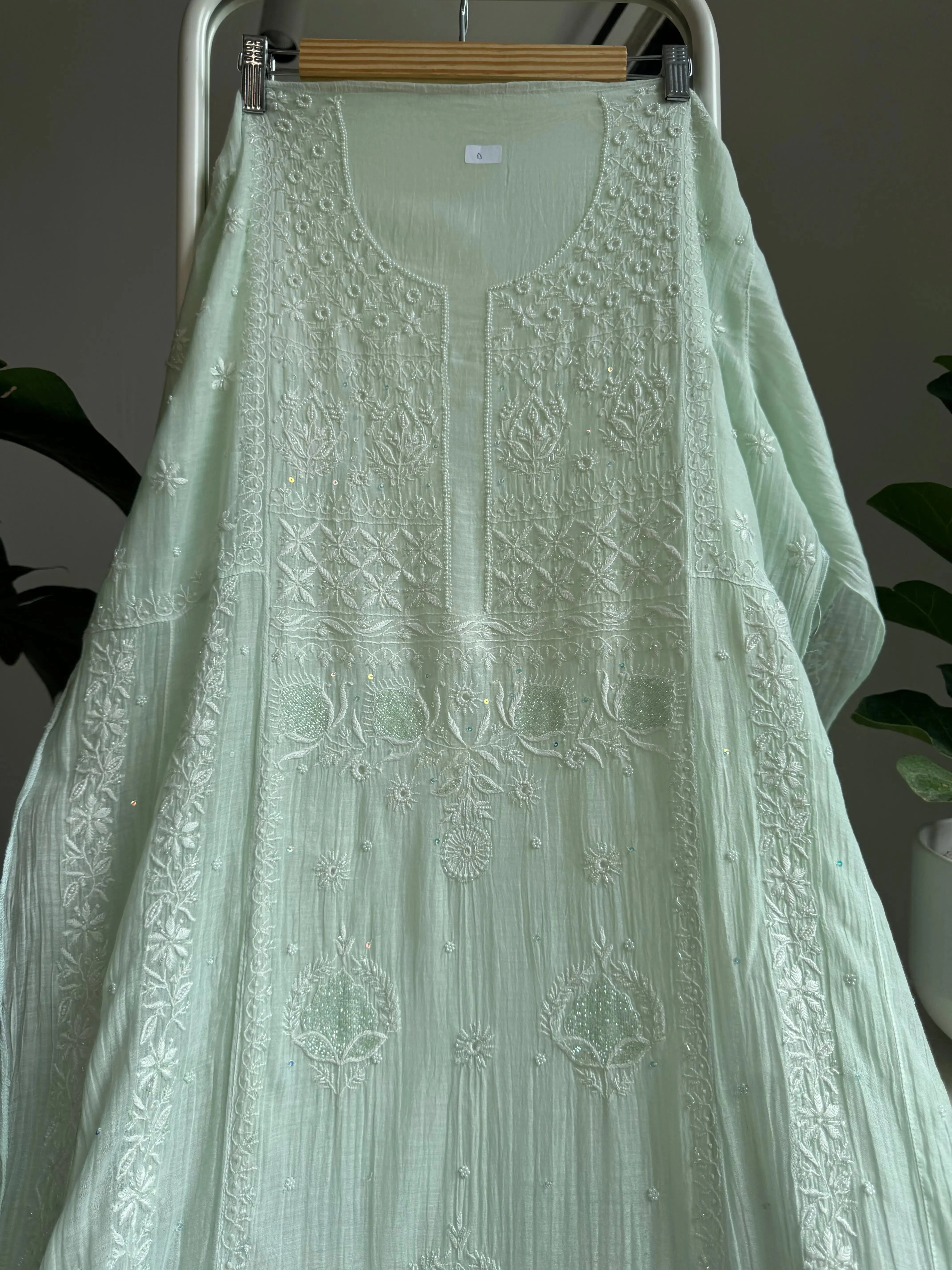 Mul Chanderi Chikankari Anarkali - Pista Green
