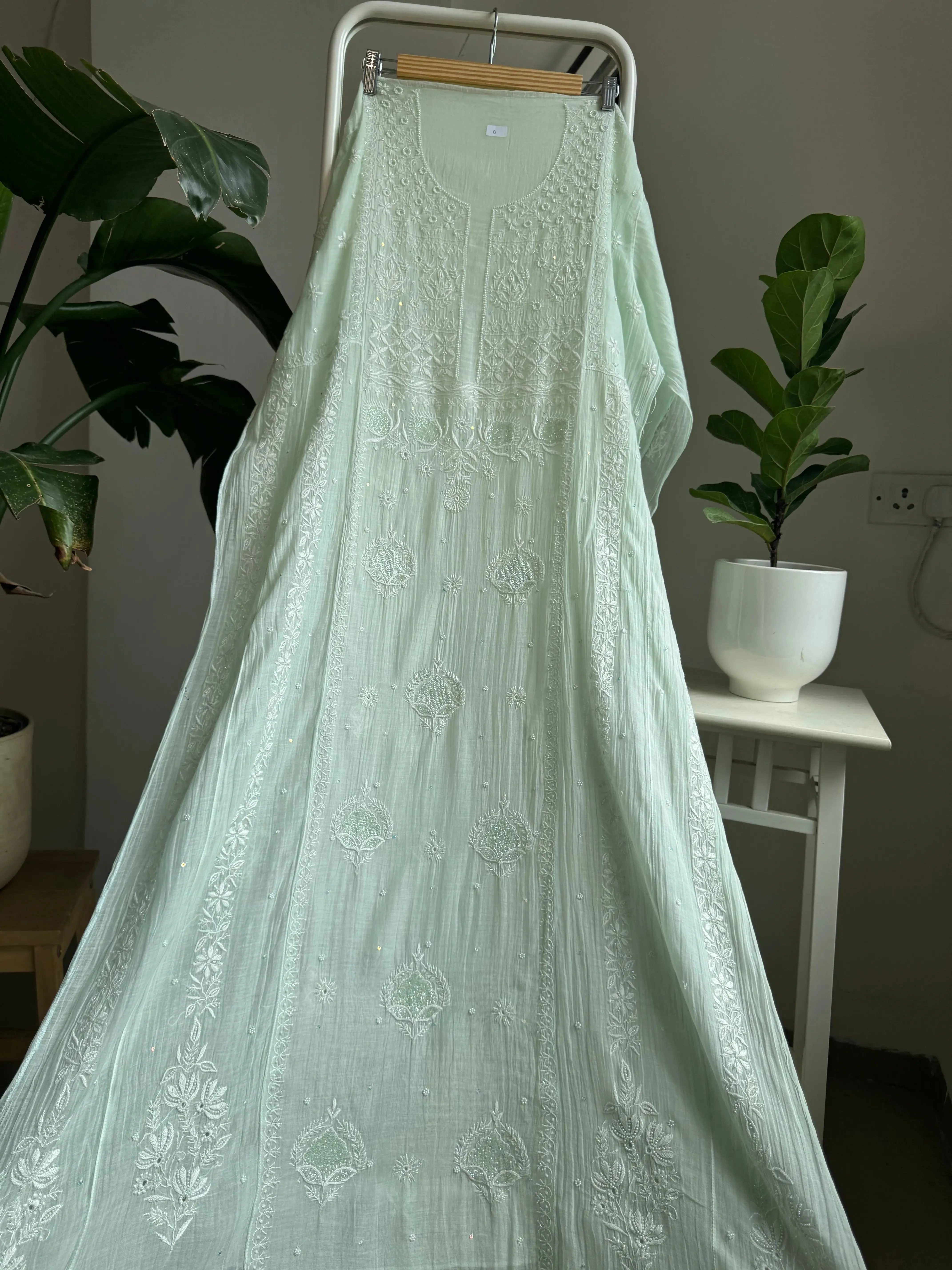 Mul Chanderi Chikankari Anarkali - Pista Green