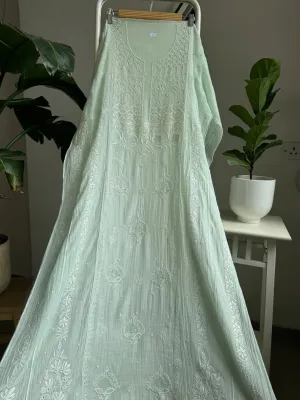 Mul Chanderi Chikankari Anarkali - Pista Green
