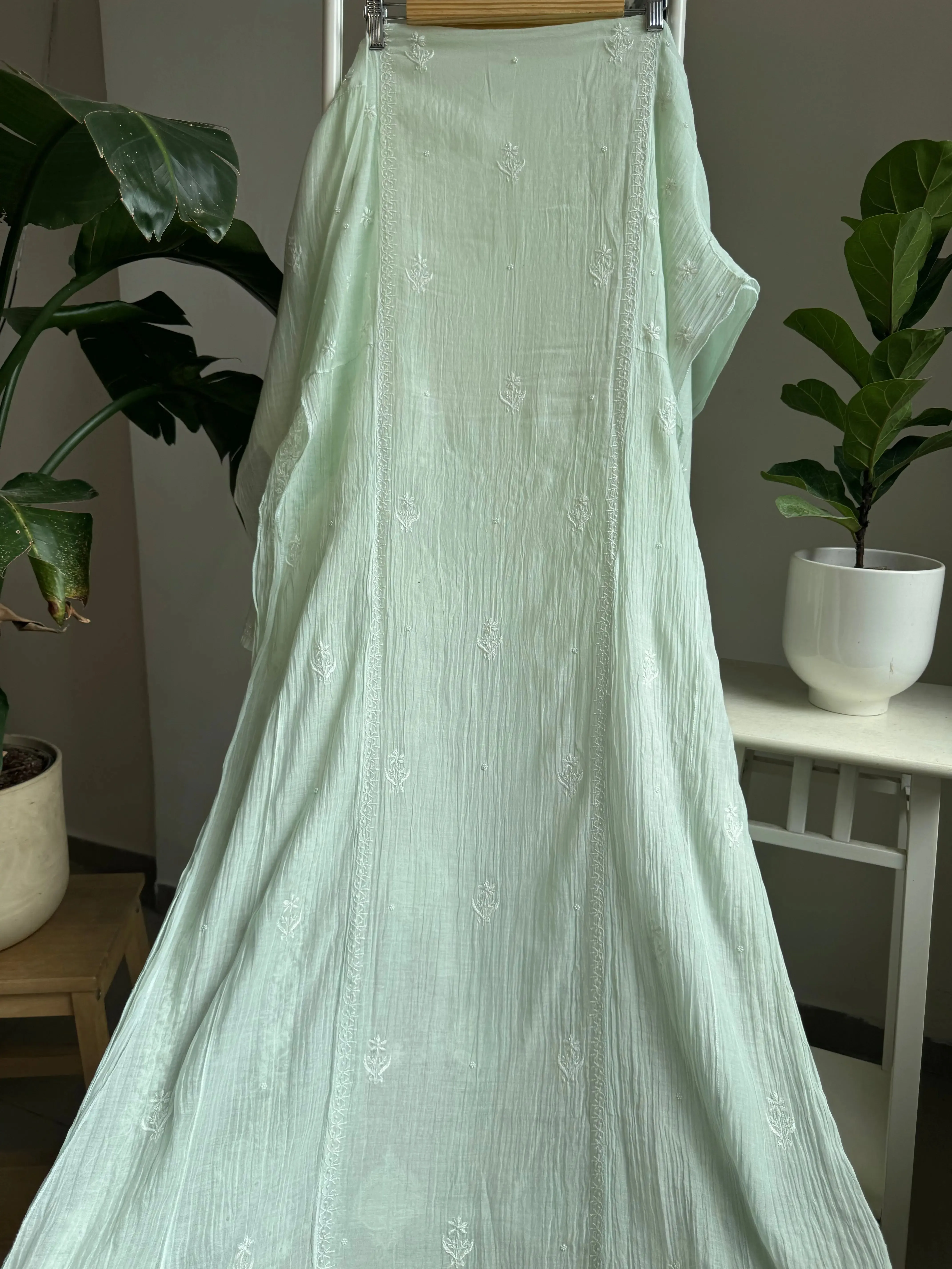 Mul Chanderi Chikankari Anarkali - Pista Green