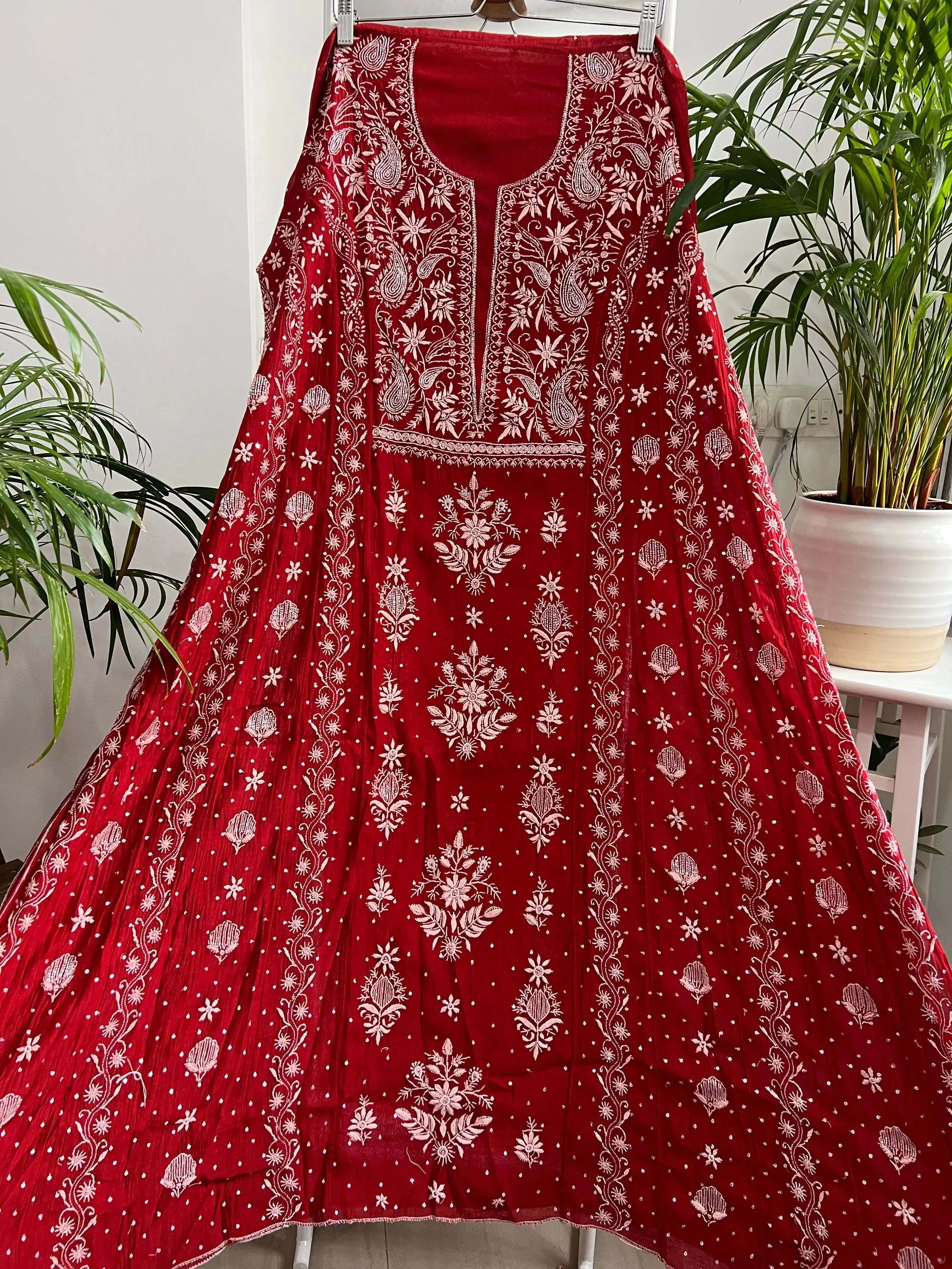 Mul Chanderi Chikankari Anarkali - Red