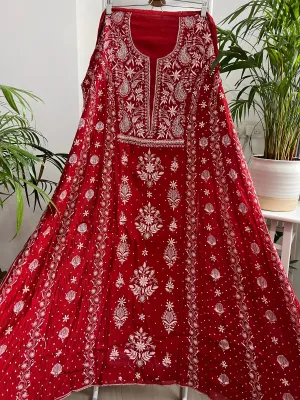 Mul Chanderi Chikankari Anarkali - Red