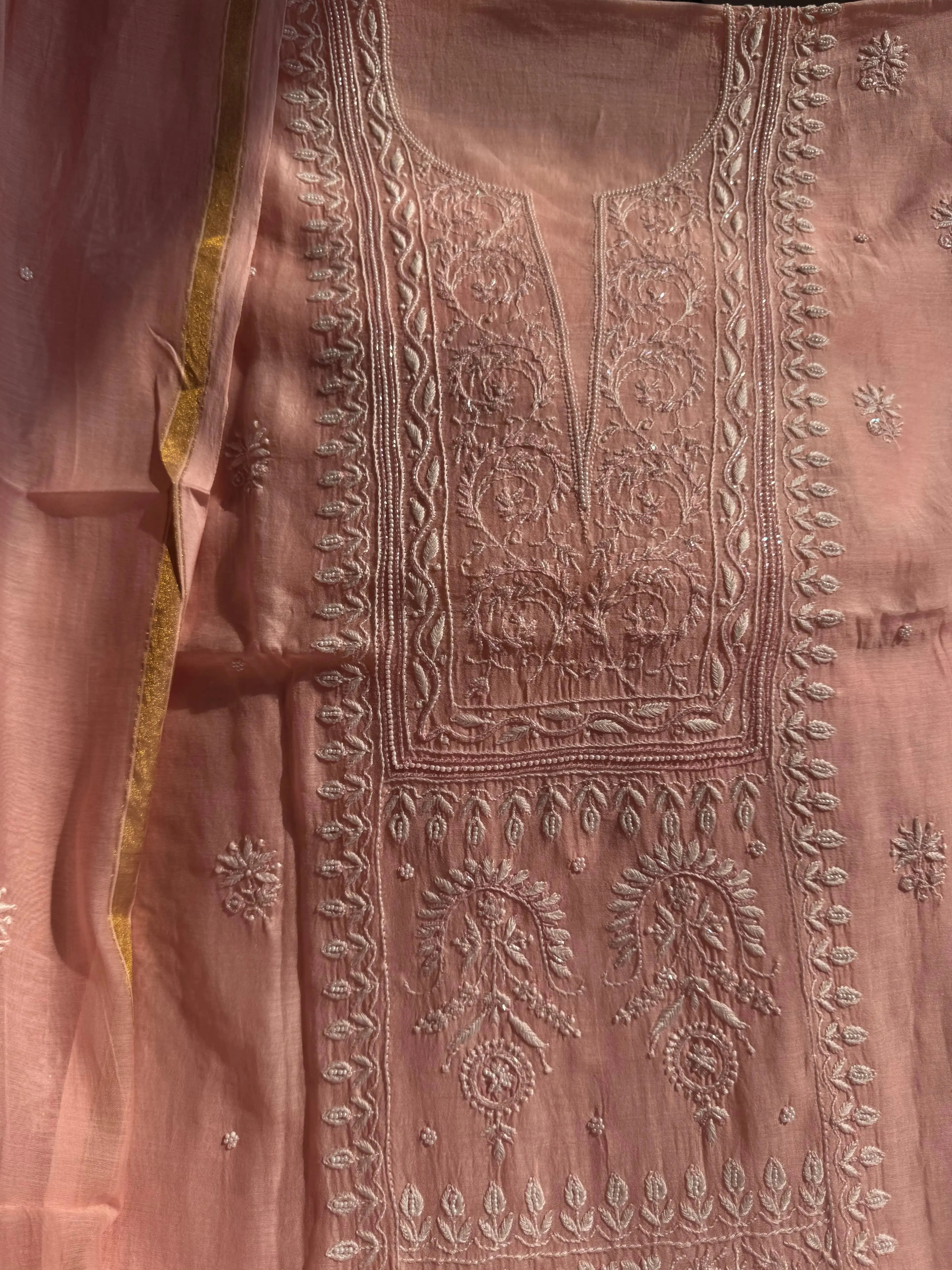 Mul Chanderi Chikankari Set - Pink