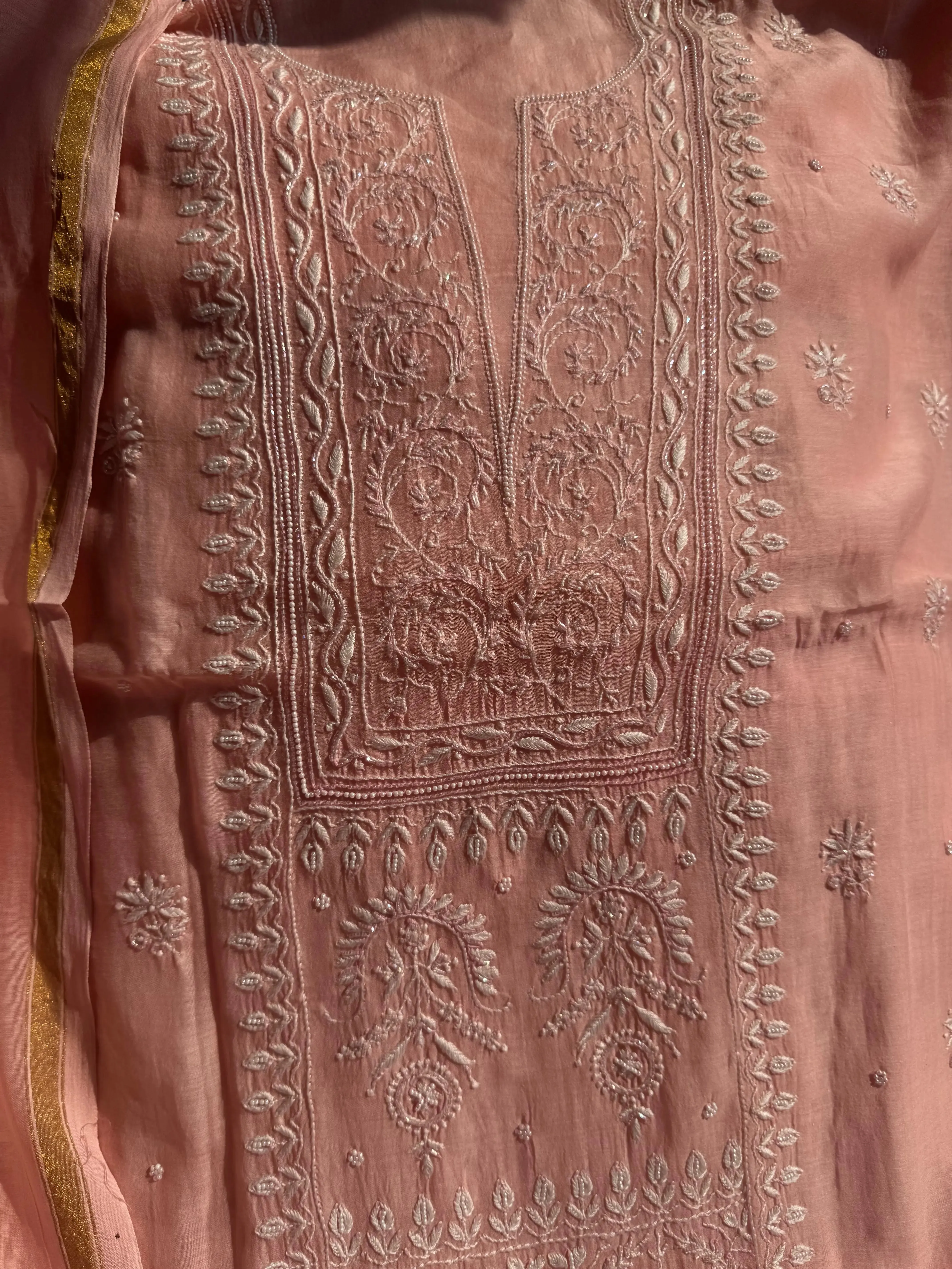 Mul Chanderi Chikankari Set - Pink