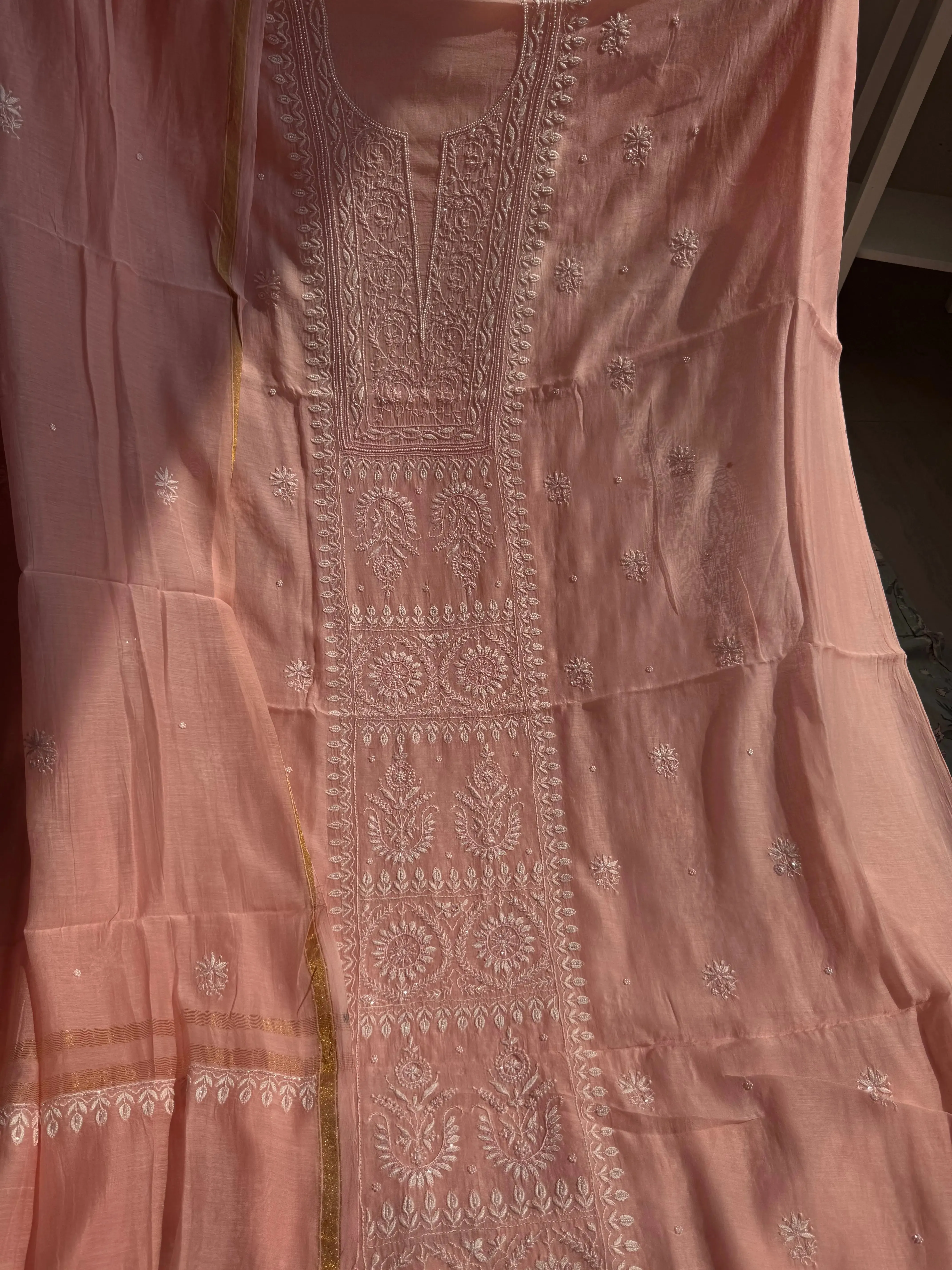 Mul Chanderi Chikankari Set - Pink