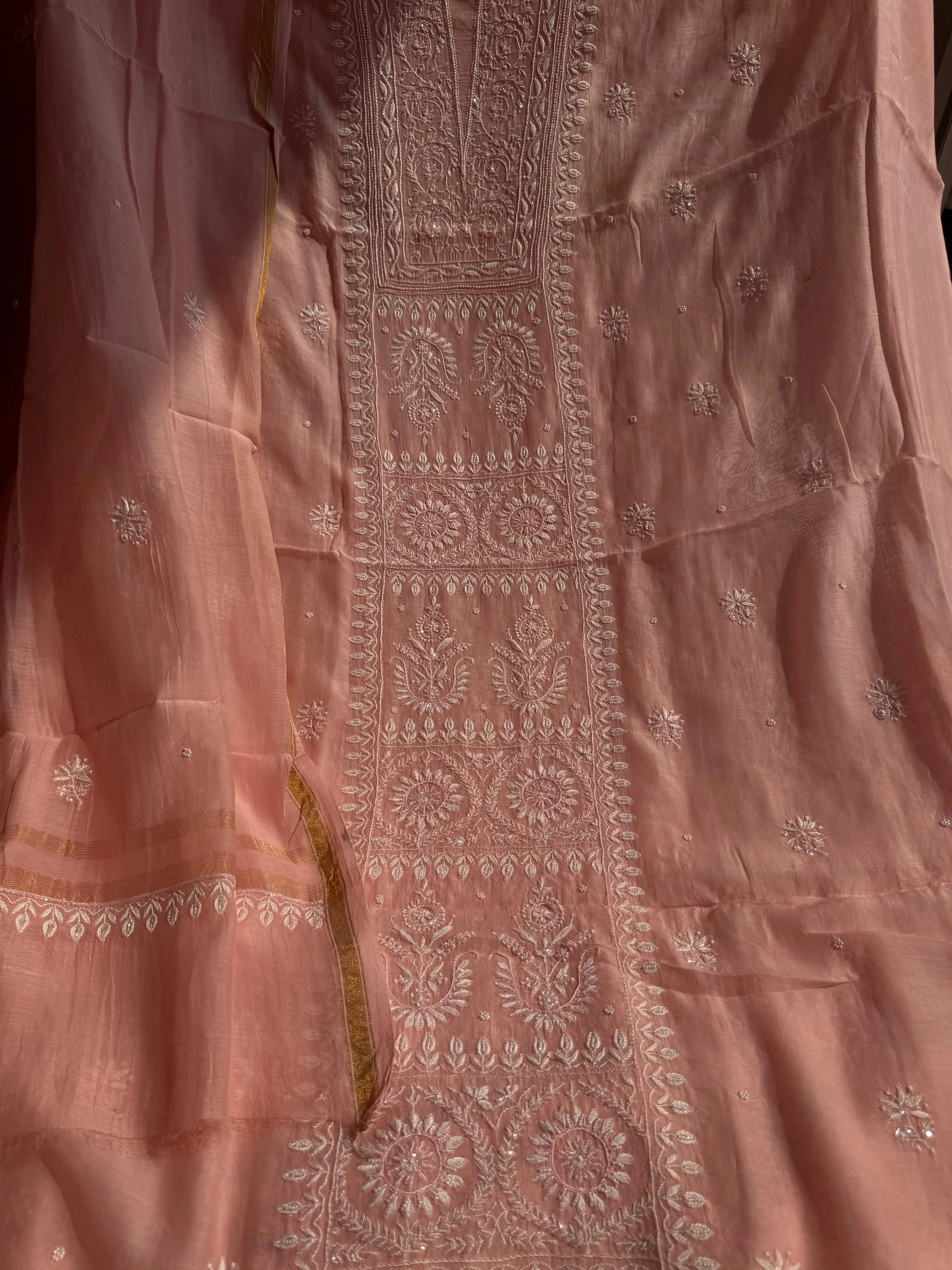 Mul Chanderi Chikankari Set - Pink