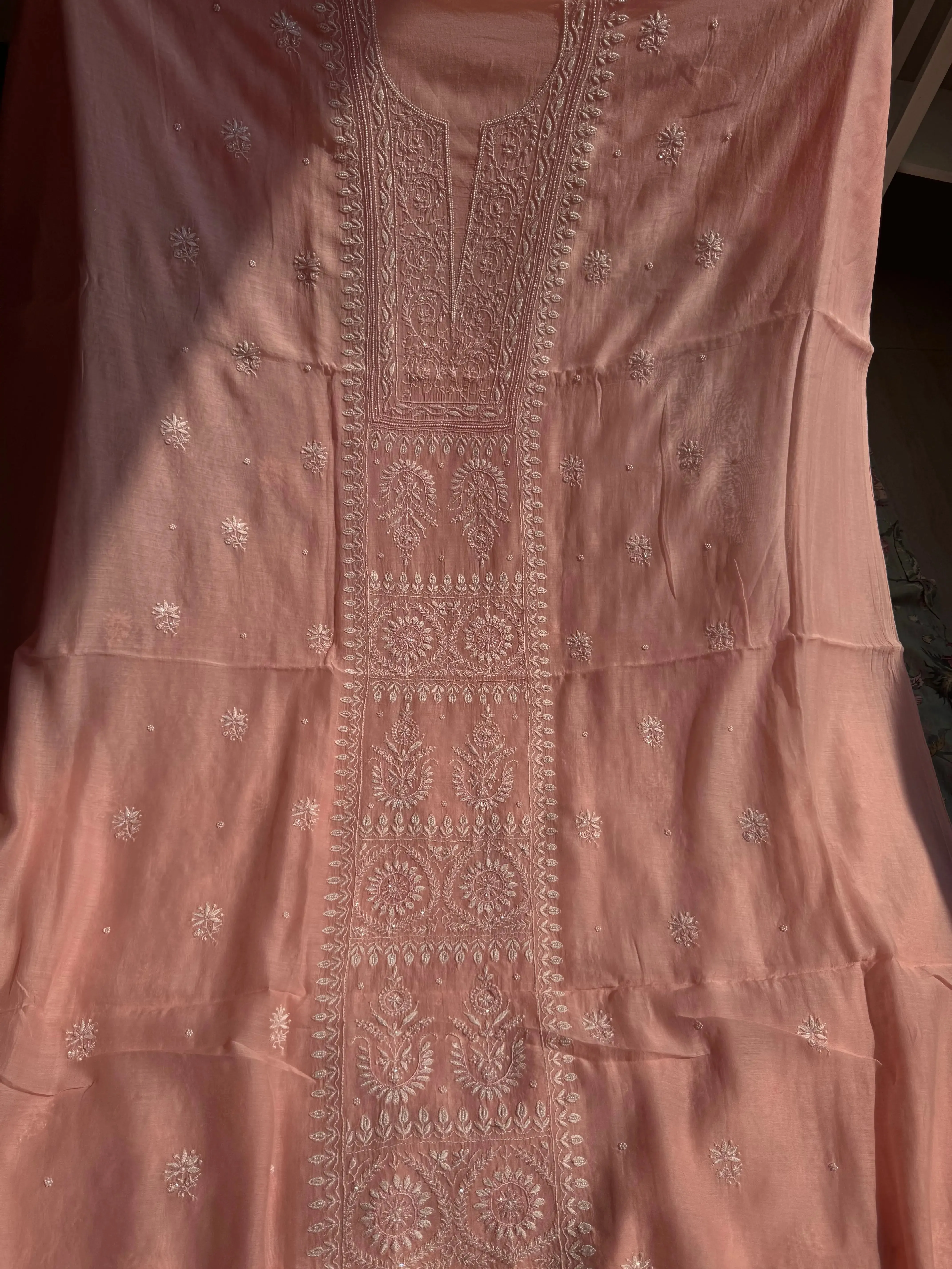 Mul Chanderi Chikankari Set - Pink