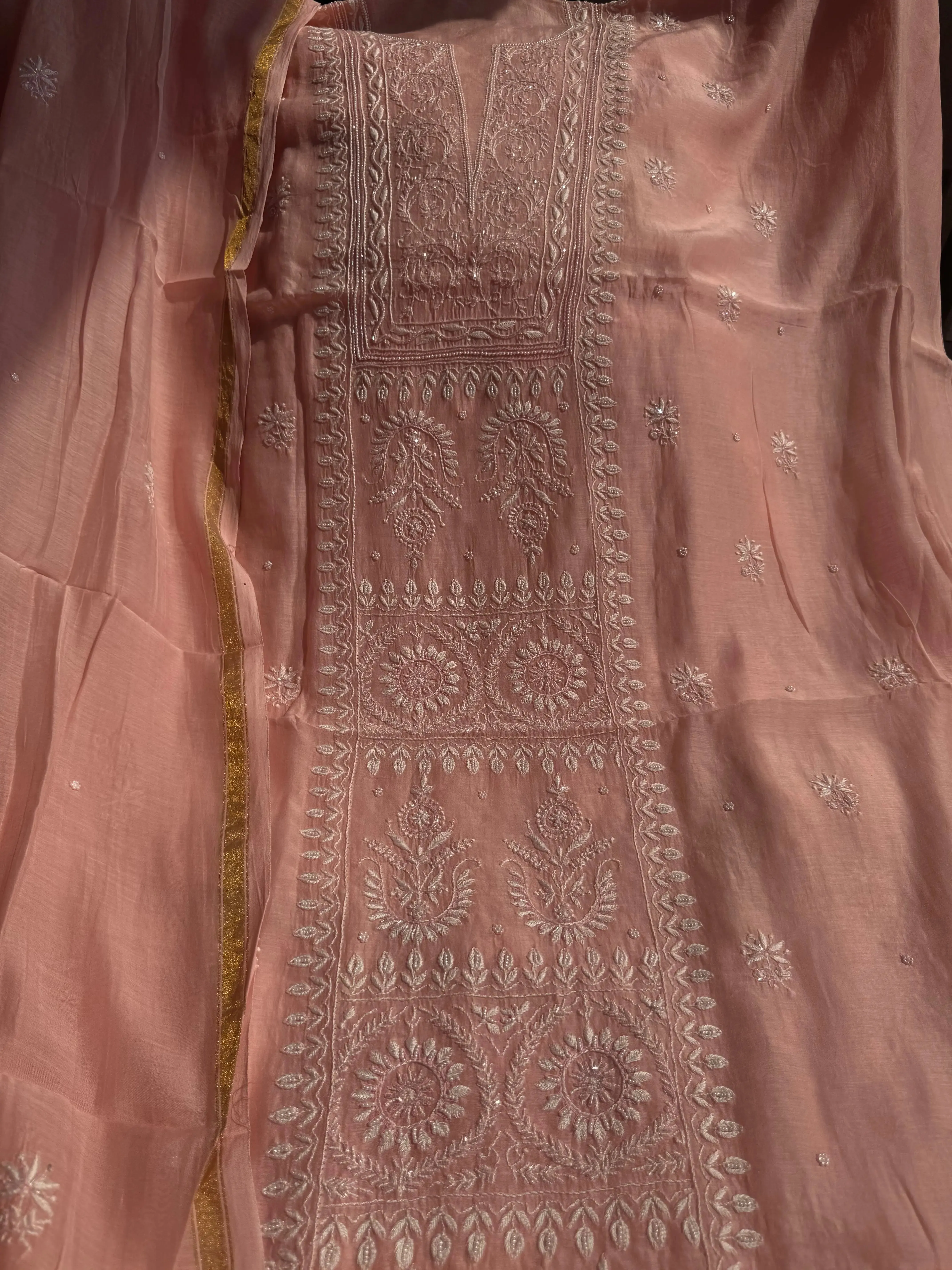 Mul Chanderi Chikankari Set - Pink