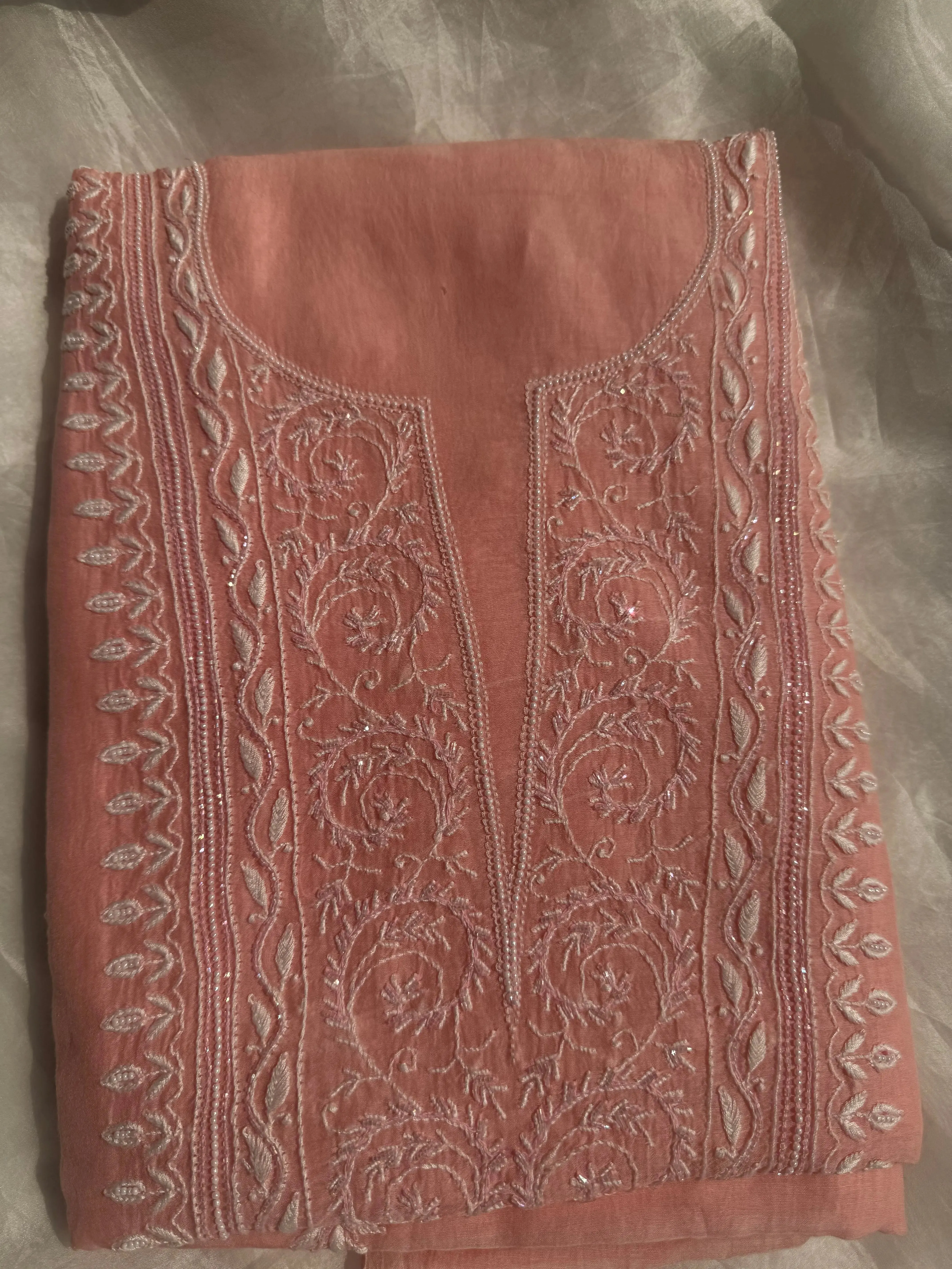 Mul Chanderi Chikankari Set - Pink