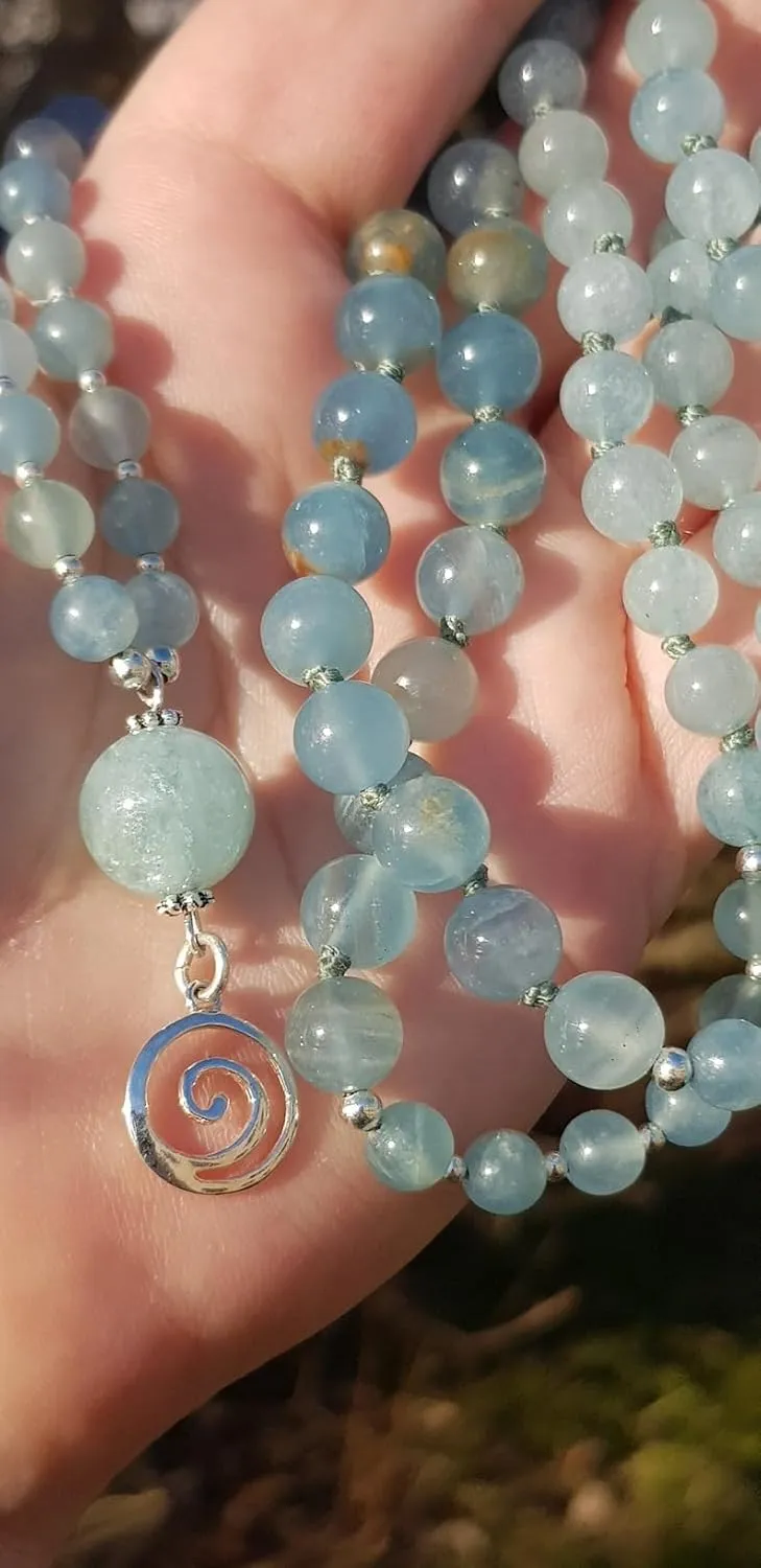 Natural Aquamarine & Blue Calcite 6,8mm 108 Mala Beads, Spiritual, Meditation Beads, Reiki, Japa Mala, Buddhist Prayer Beads, Yoga Bracelet, healing beads LKMALA-RRGU-2315