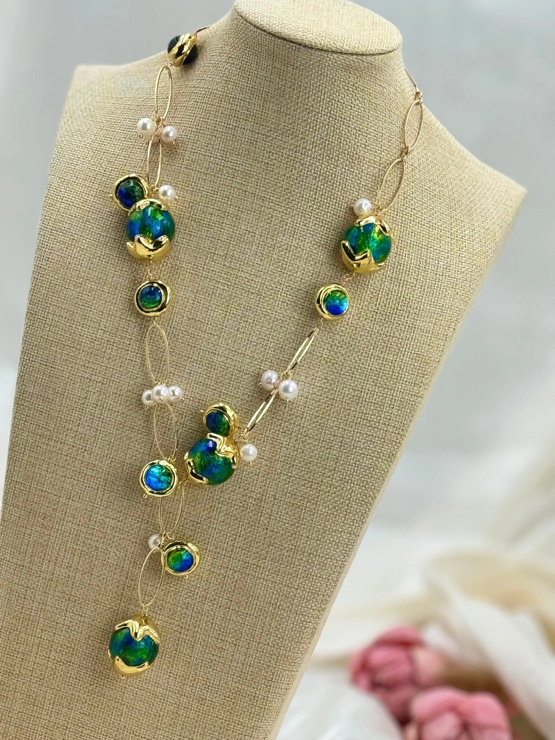 Natural pearl big muano glass bead pendant necklace