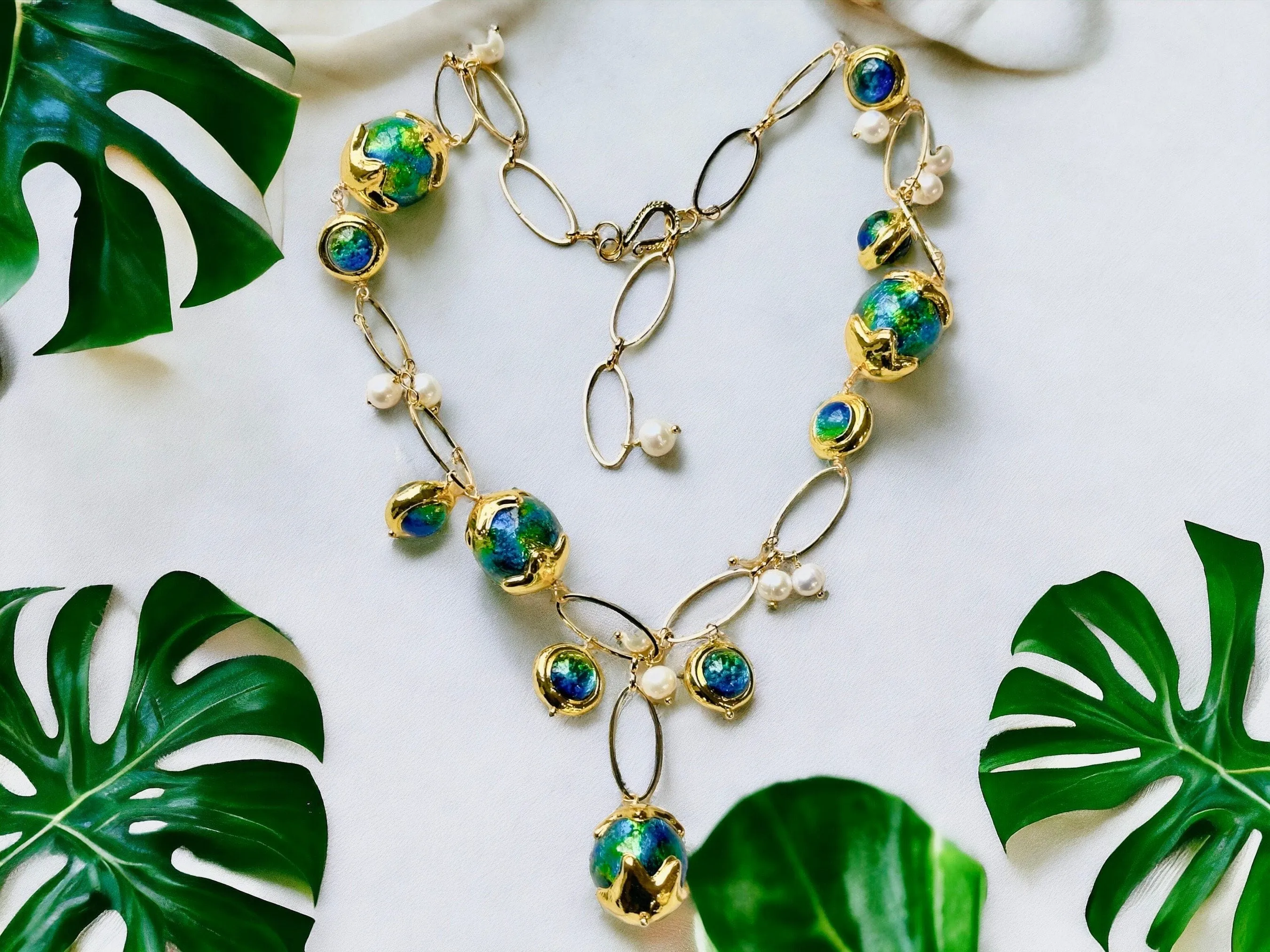 Natural pearl big muano glass bead pendant necklace