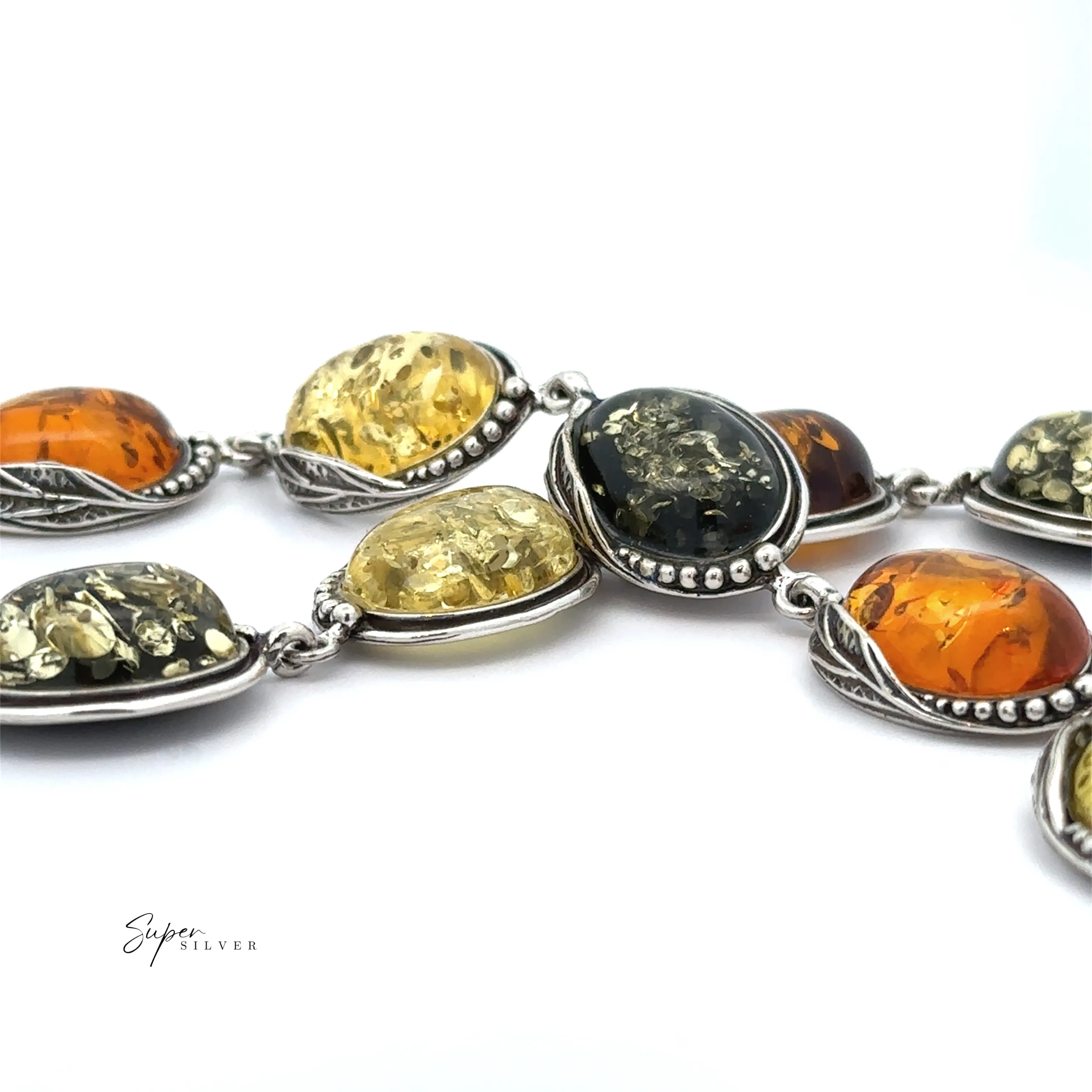 Oval Amber Link Bracelet With Leaf Detail