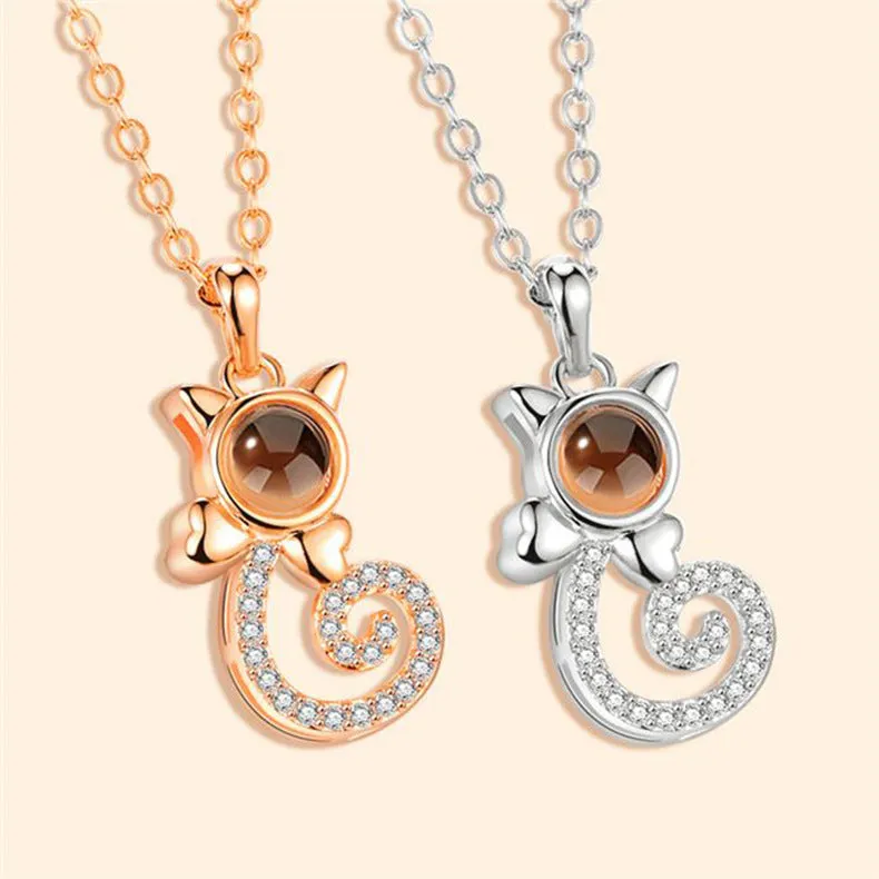 Personalized Cat Shape Necklace with Photo Projection Custom Gift for Women
