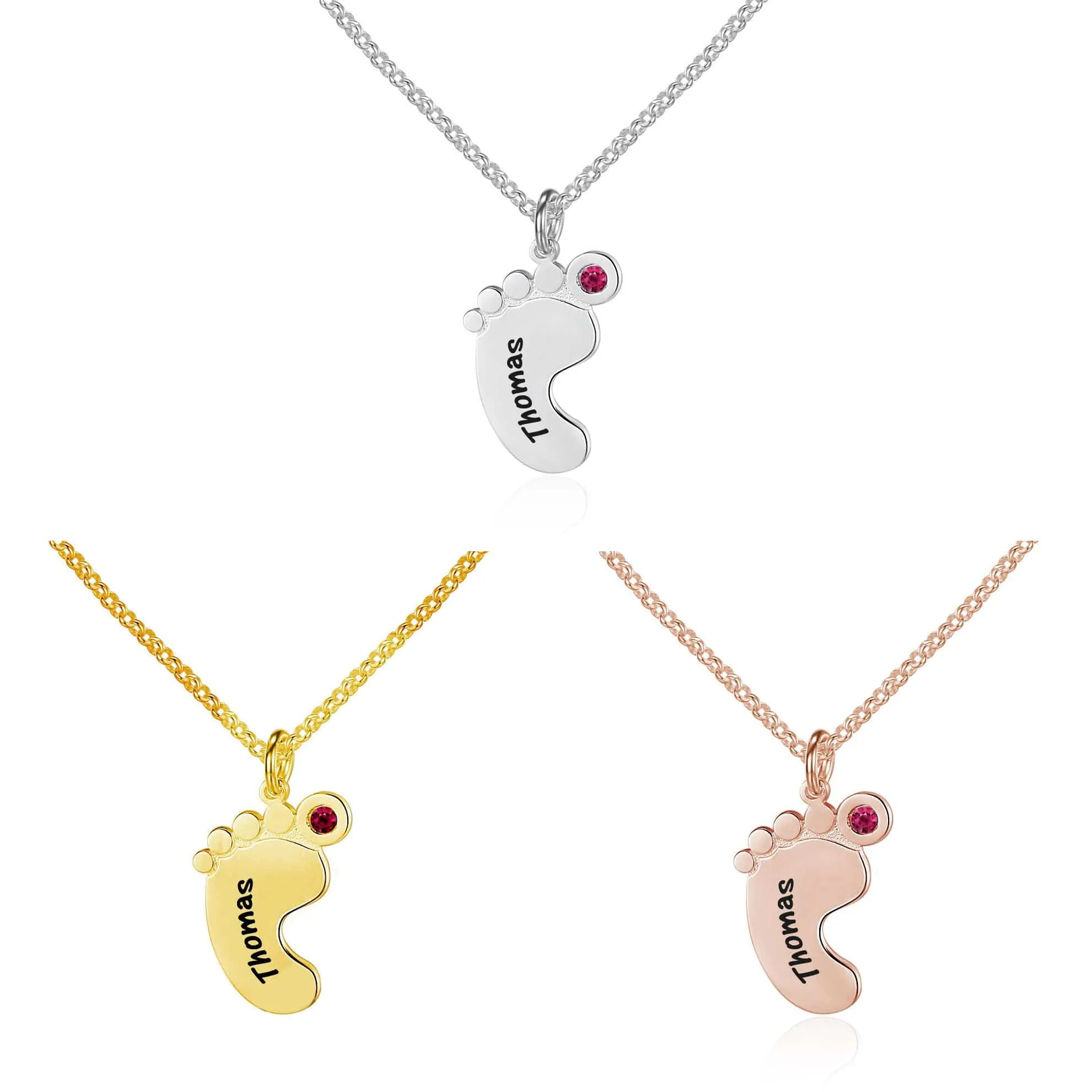 Personalized Silver, Yellow Gold and Rose Gold Feet Name Necklace w/Birthstone