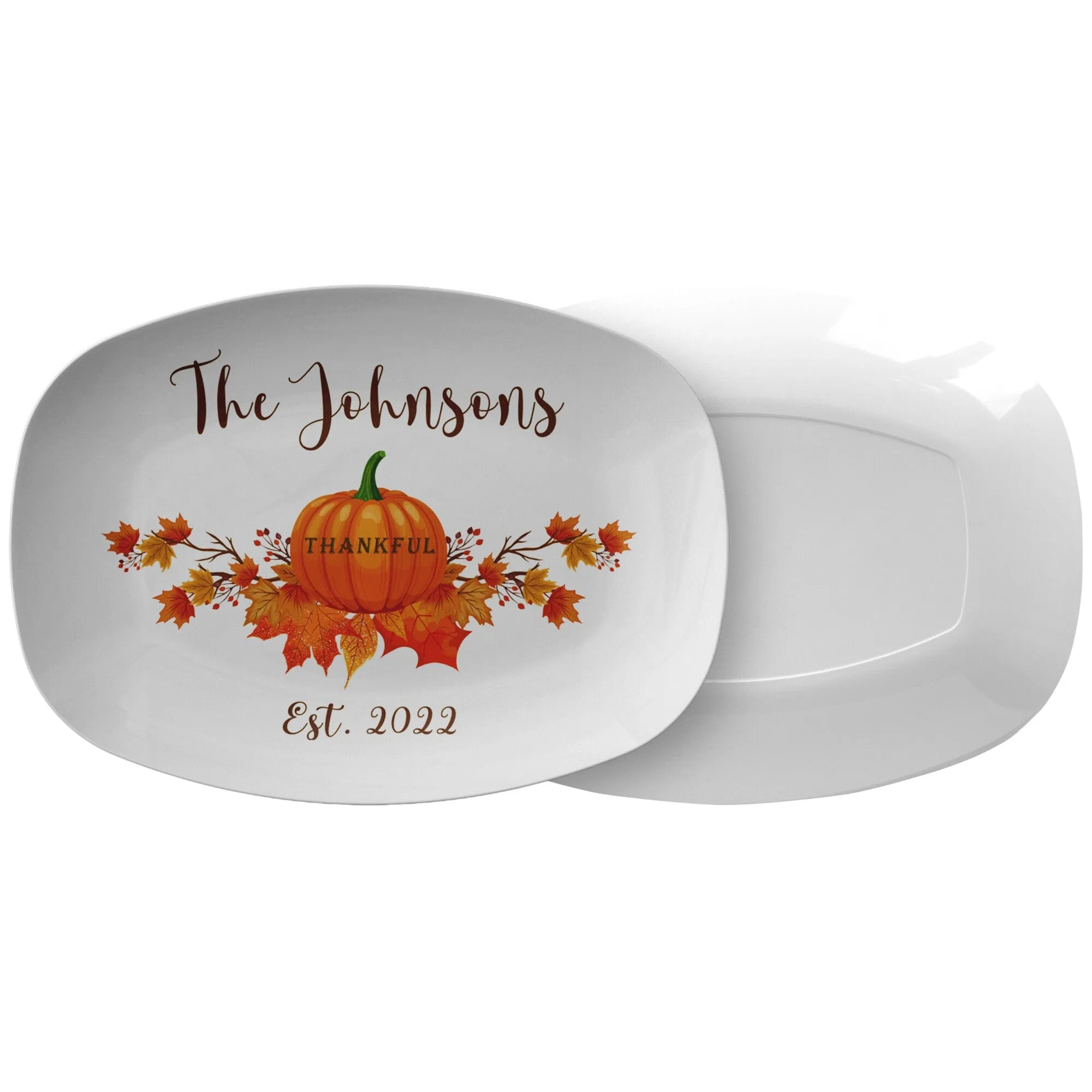 Personalized Thanksgiving Platter, Thankful Grateful Blessed Family Name Script