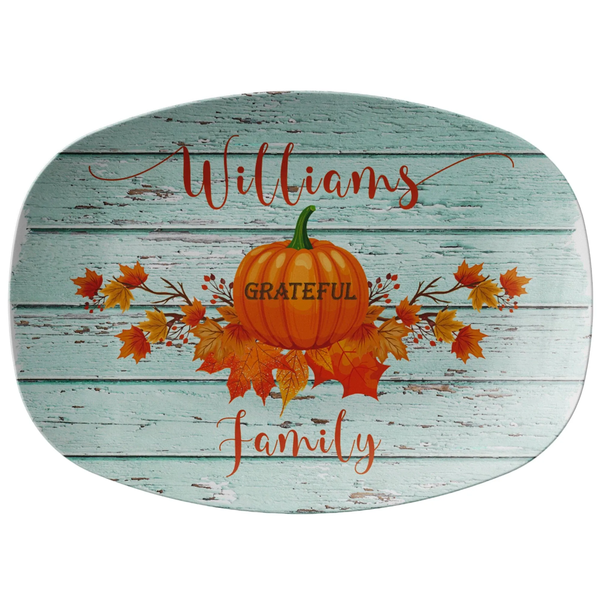 Personalized Thanksgiving Platter, Thankful Grateful Blessed Family Name Script