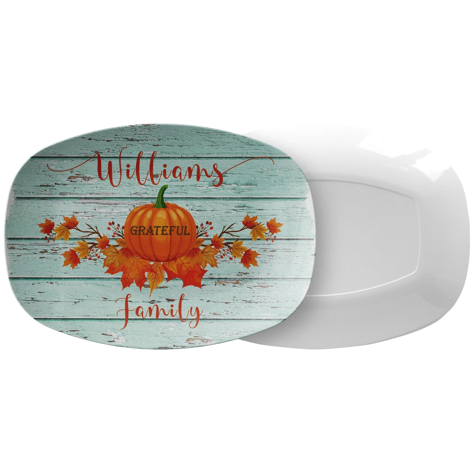 Personalized Thanksgiving Platter, Thankful Grateful Blessed Family Name Script
