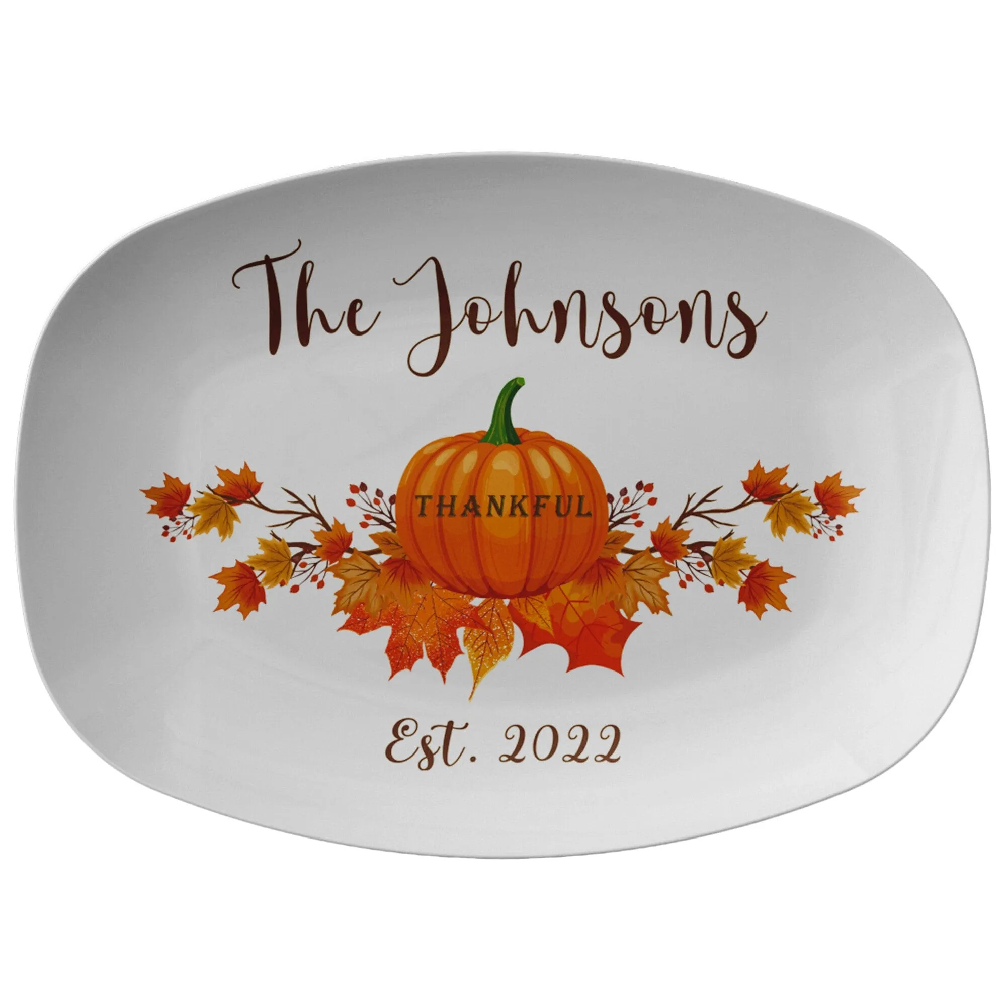 Personalized Thanksgiving Platter, Thankful Grateful Blessed Family Name Script