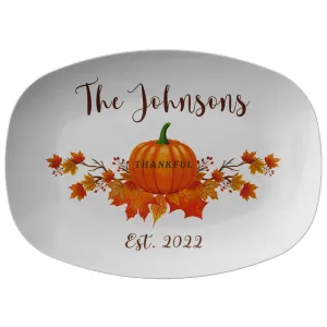 Personalized Thanksgiving Platter, Thankful Grateful Blessed Family Name Script
