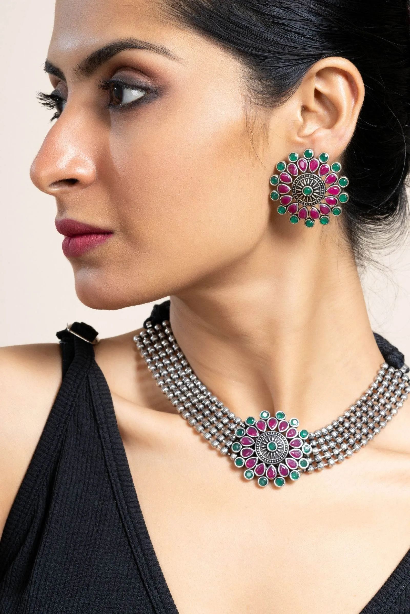 Pink Green Oxidized Silver Designer Choker Necklace Set with Stud Earrings for Stylish Women