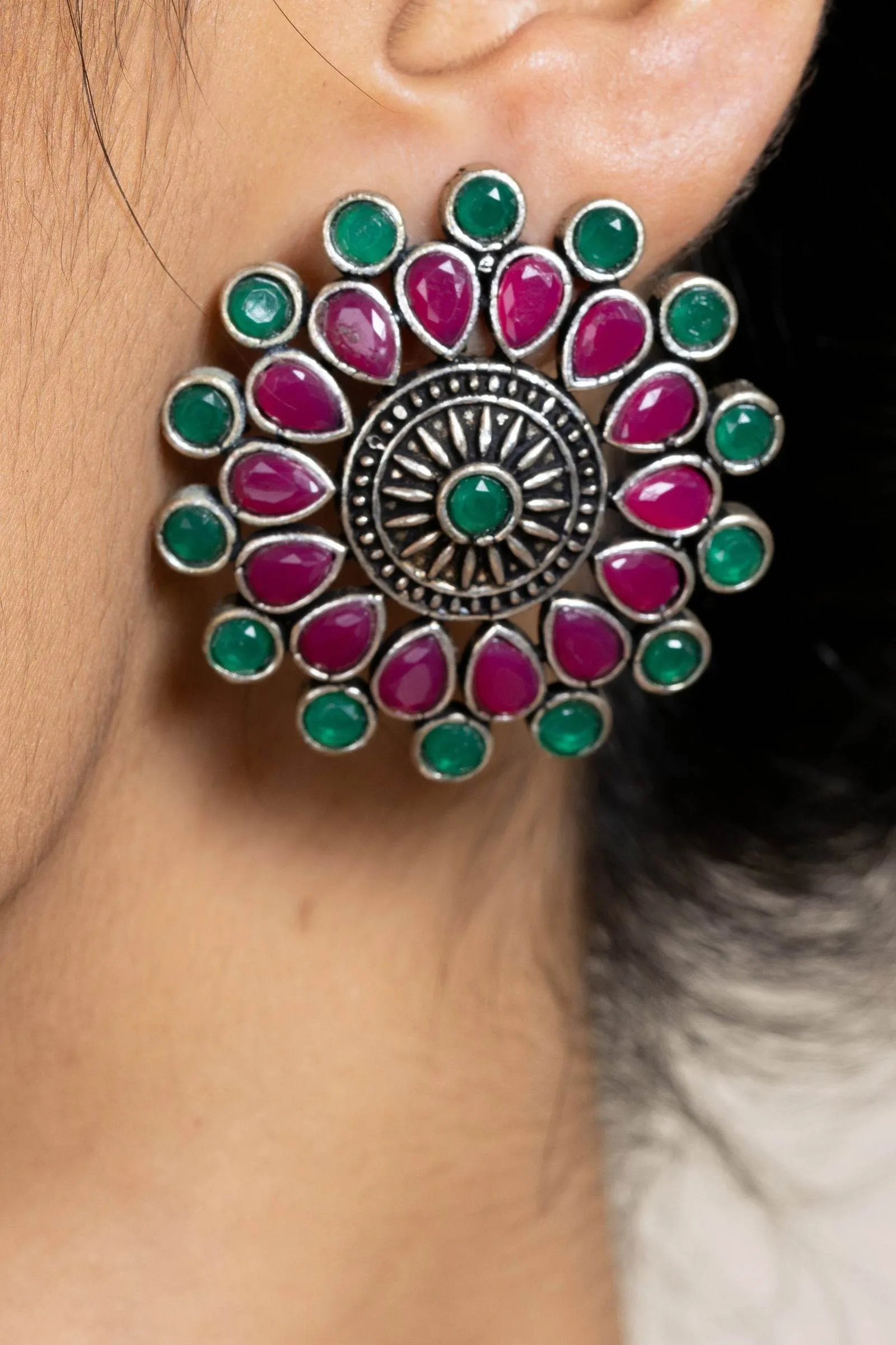 Pink Green Oxidized Silver Designer Choker Necklace Set with Stud Earrings for Stylish Women