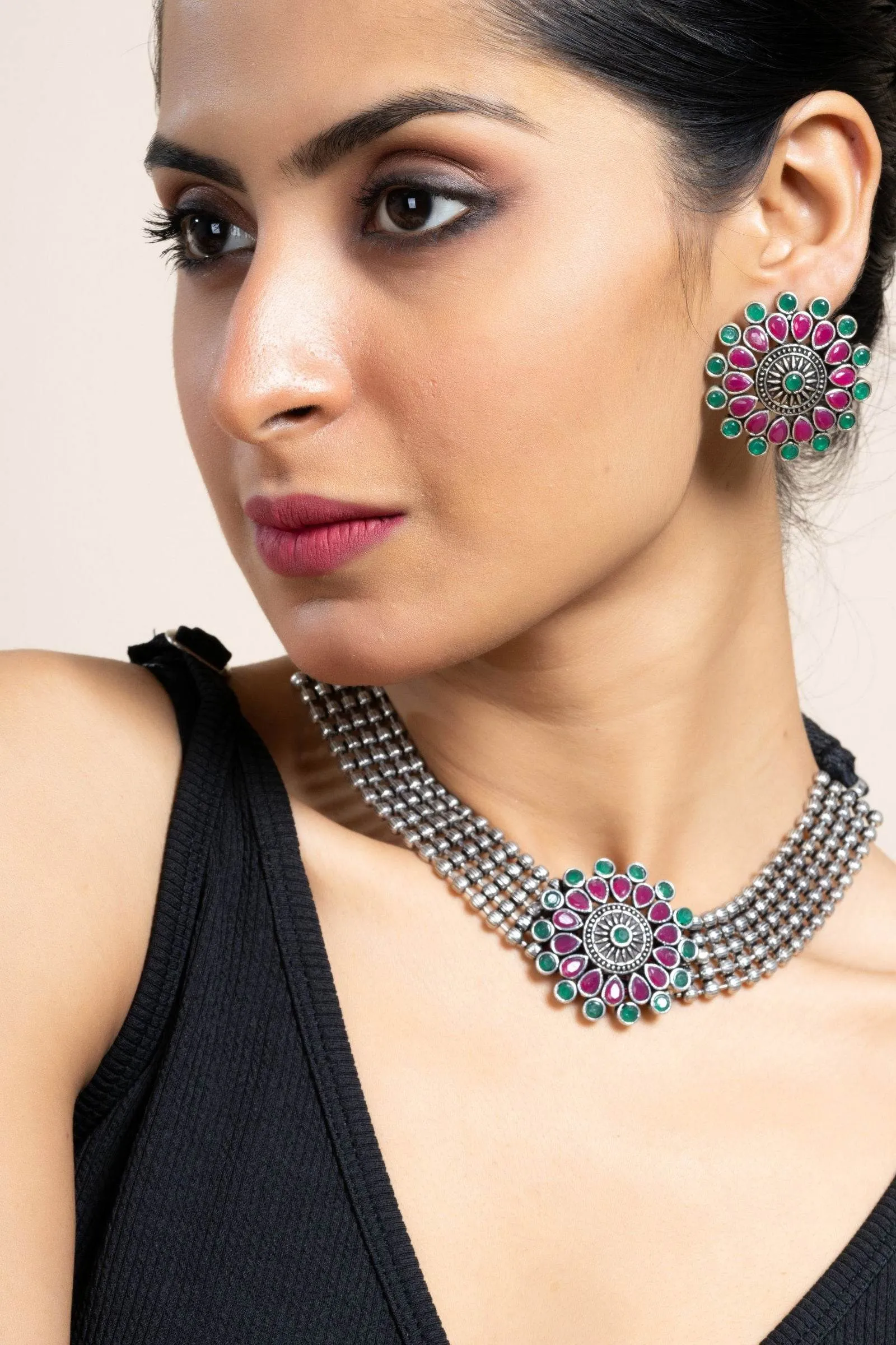 Pink Green Oxidized Silver Designer Choker Necklace Set with Stud Earrings for Stylish Women