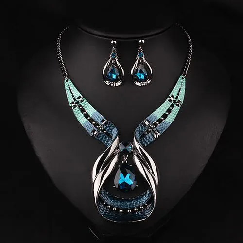 rhinestone pendant choker bib necklace drop earring jewelry set