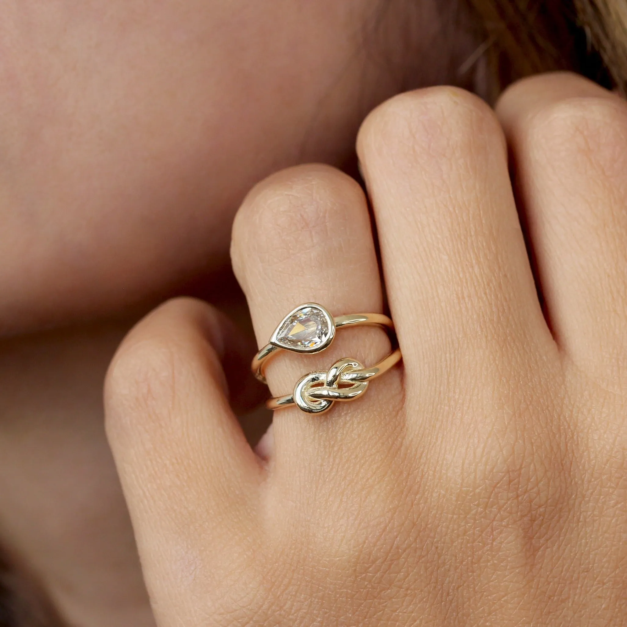 Rose Cut Pear Shape Champagne Diamond, Bezel Set East West Solitaire Unique Infinity Knot Double Wrap Crossover Engagement Ring