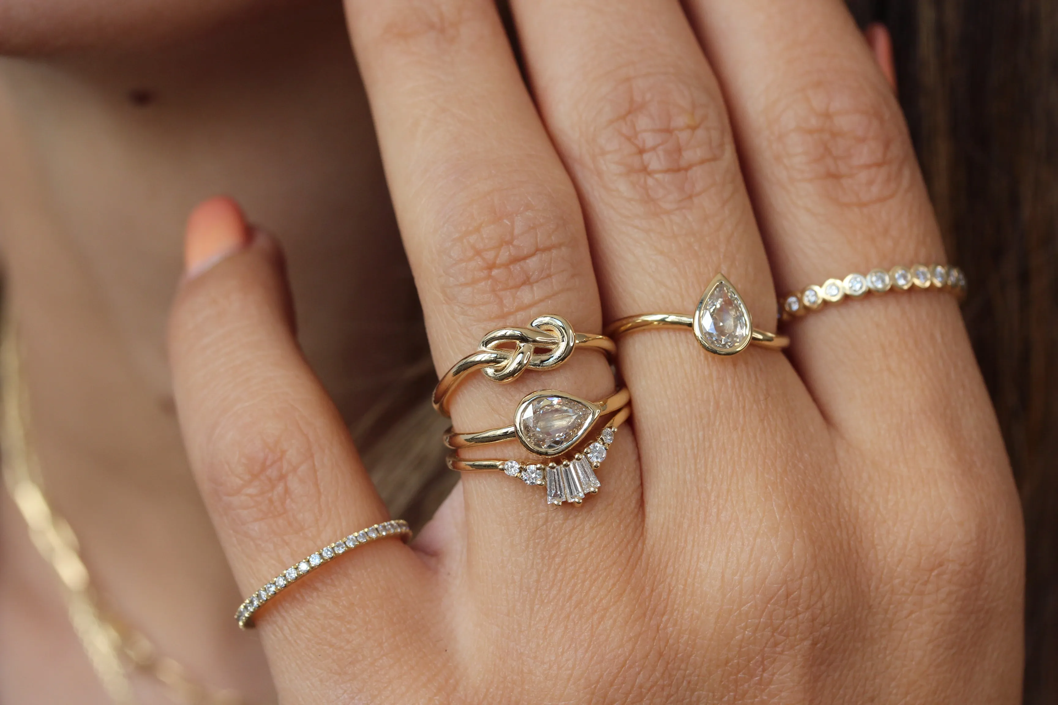 Rose Cut Pear Shape Champagne Diamond, Bezel Set East West Solitaire Unique Infinity Knot Double Wrap Crossover Engagement Ring