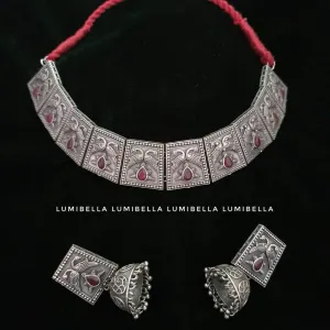 Square Pendant Silver lookalike Red Stone Studded Choker and Earrings