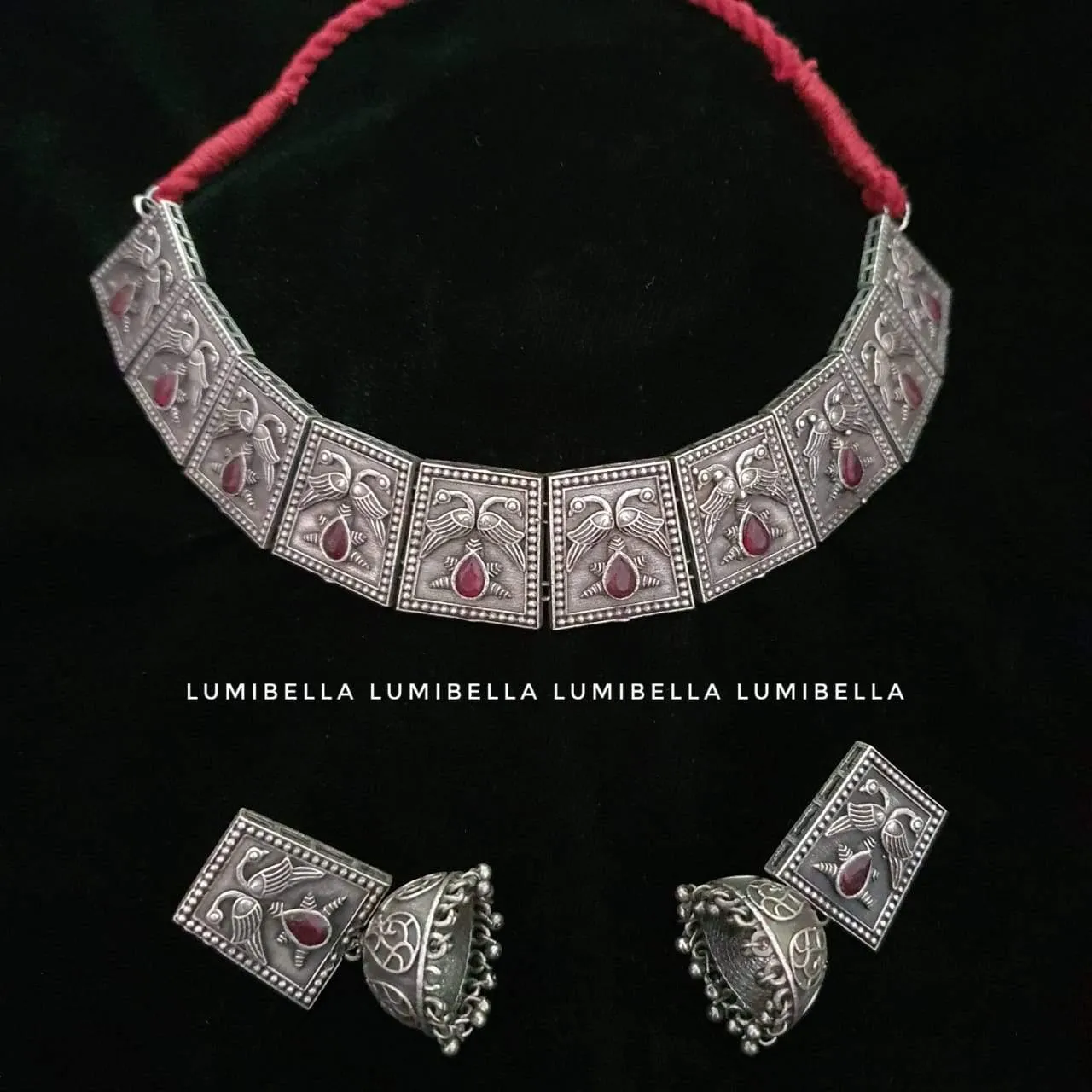 Square Pendant Silver lookalike Red Stone Studded Choker and Earrings