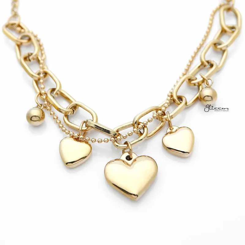 Stainless Steel Women's Bracelet with Dangle Heart Charms - Gold
