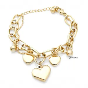 Stainless Steel Women's Bracelet with Dangle Heart Charms - Gold