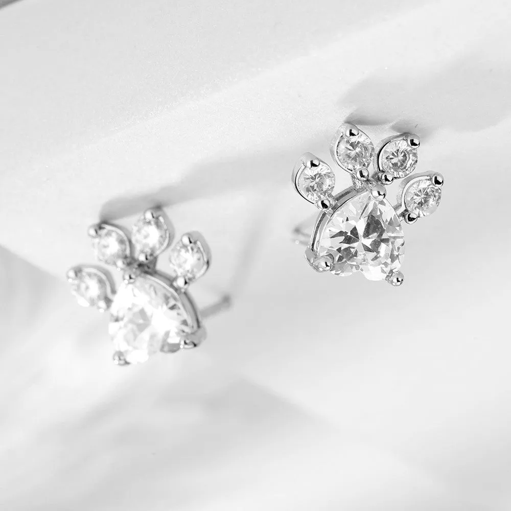 Sterling Silver Paw Earrings With Crystals