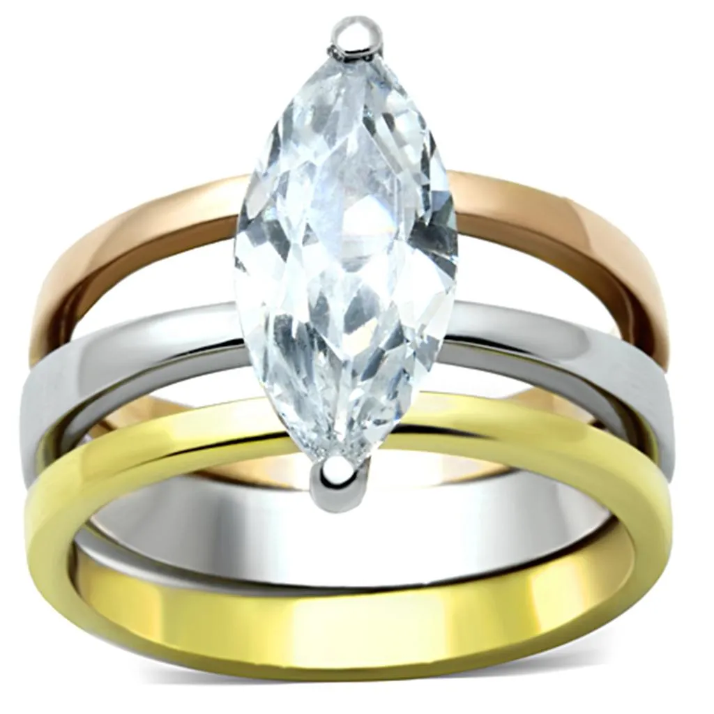 Three Tone IPÃ¯Â¼Ë†IP Gold & IP Rose Gold & High Polished) Stainless Steel Ring with AAA Grade CZ in Clear for Women Style TK964