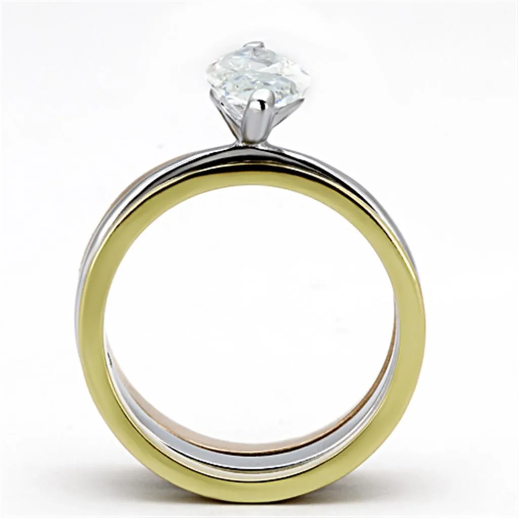 Three Tone IPÃ¯Â¼Ë†IP Gold & IP Rose Gold & High Polished) Stainless Steel Ring with AAA Grade CZ in Clear for Women Style TK964