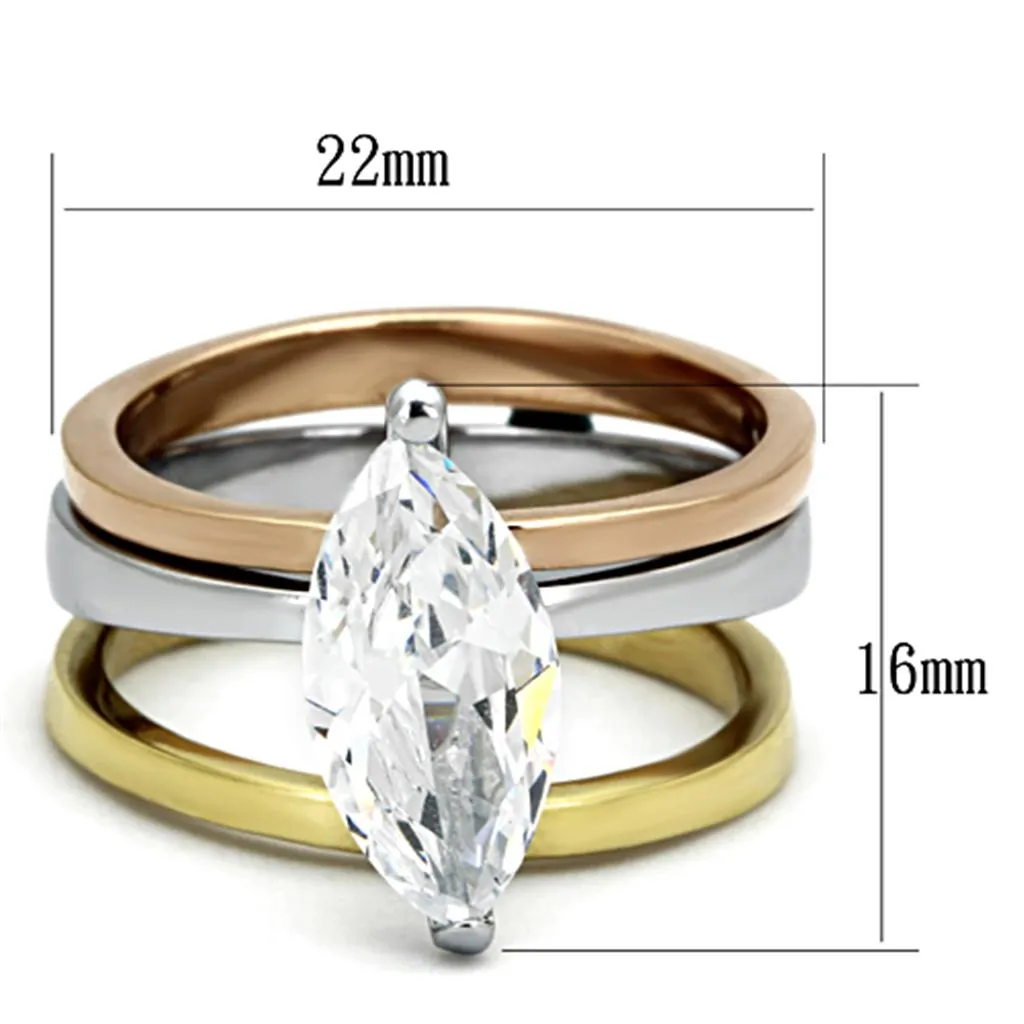 Three Tone IPÃ¯Â¼Ë†IP Gold & IP Rose Gold & High Polished) Stainless Steel Ring with AAA Grade CZ in Clear for Women Style TK964